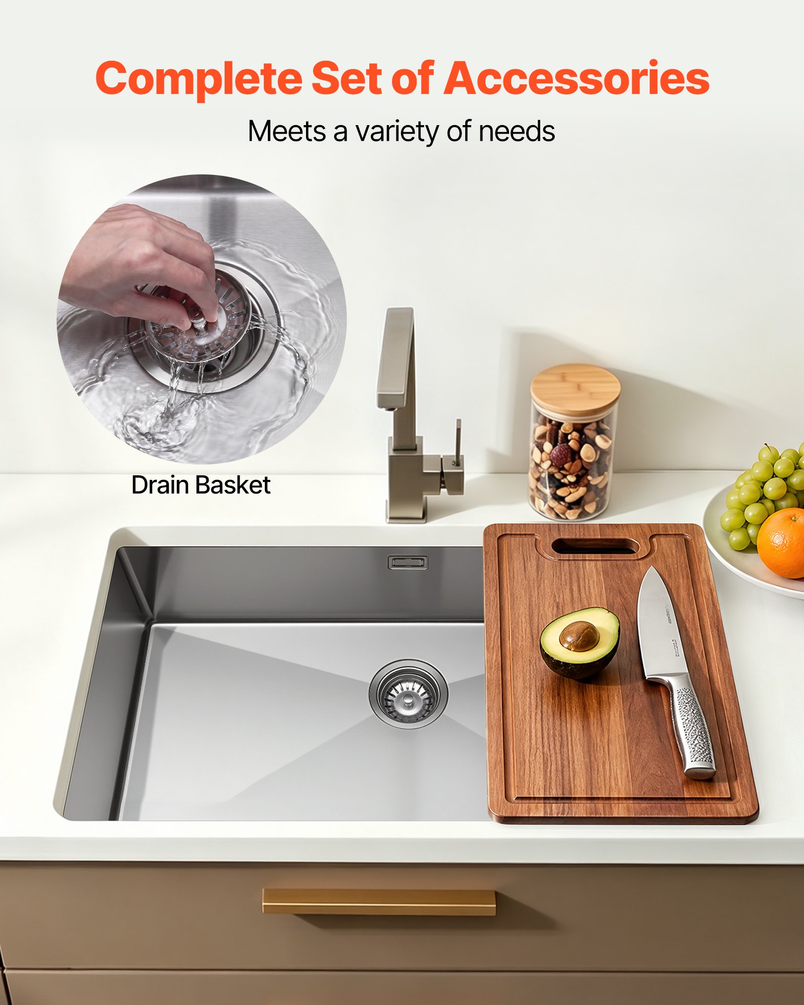 VEVOR Fregadero Bajo Encimera de 1 Seno, 850 x 450 x 190 mm, Fregadero de Cocina Empotrable de Acero Inoxidable, Esquinas Redondeadas, para Lavavajillas Domésticos, Cocinas Auxiliares, Lavaderos