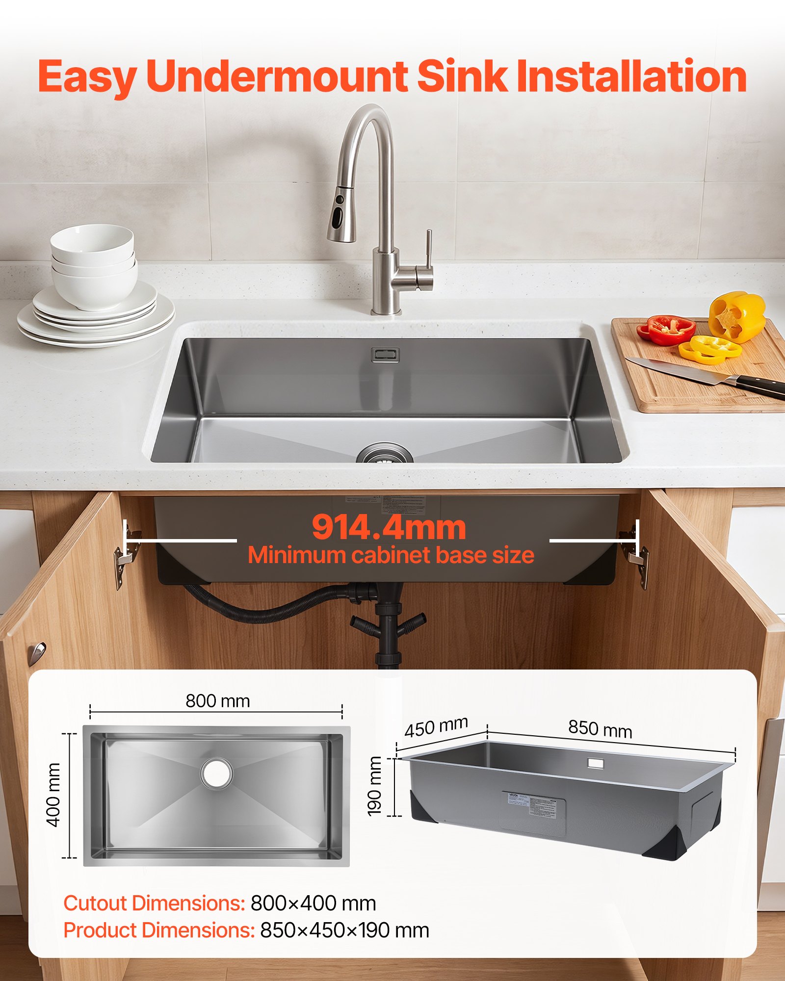 VEVOR Fregadero Bajo Encimera de 1 Seno, 850 x 450 x 190 mm, Fregadero de Cocina Empotrable de Acero Inoxidable, Esquinas Redondeadas, para Lavavajillas Domésticos, Cocinas Auxiliares, Lavaderos