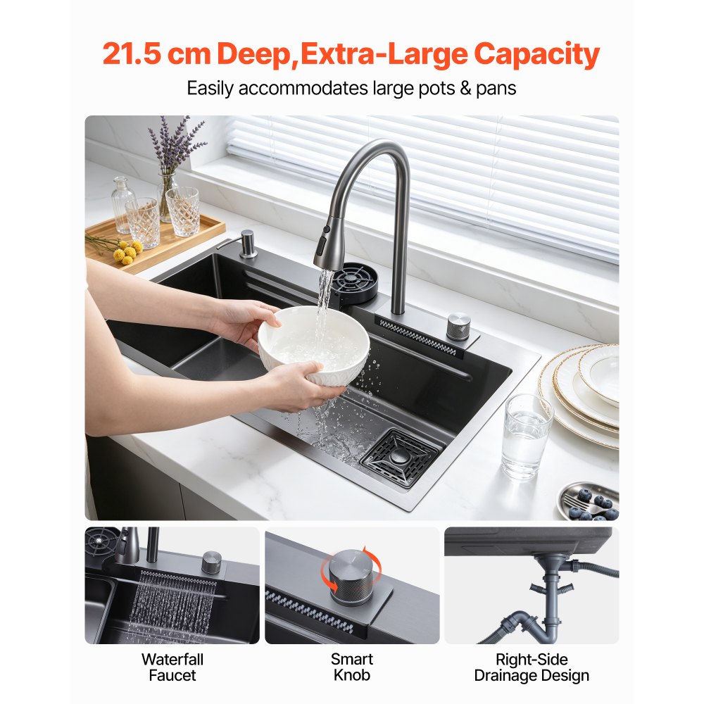 VEVOR Fregadero Sobre Encimera 850 x 460 x 236 mm, Fregadero de Cocina Empotrable de Acero Inoxidable, Esquinas Redondeadas, para Lavavajillas Domésticos, Cocinas Auxiliares, Lavaderos, Negro