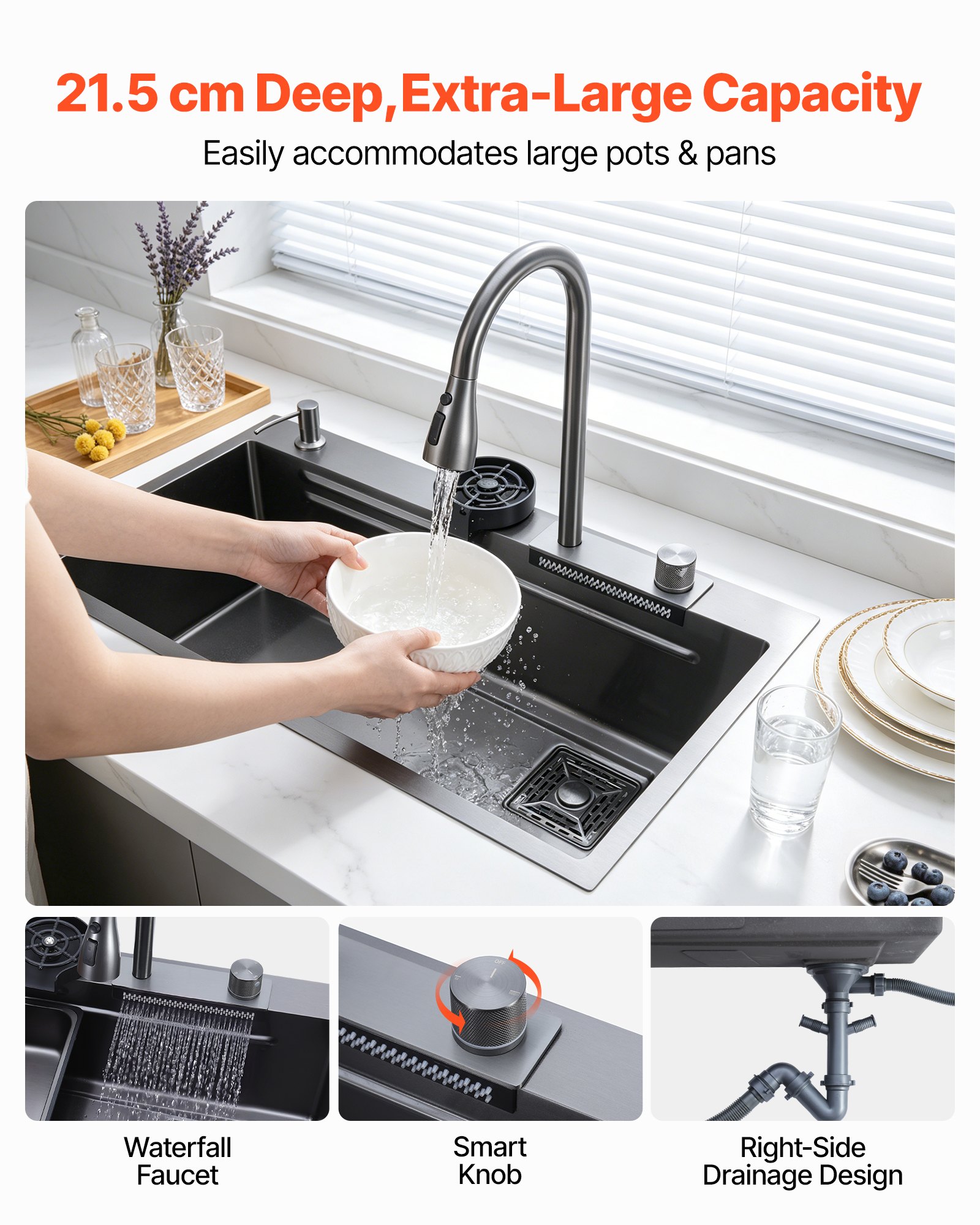 VEVOR Fregadero Sobre Encimera 850 x 460 x 236 mm, Fregadero de Cocina Empotrable de Acero Inoxidable, Esquinas Redondeadas, para Lavavajillas Domésticos, Cocinas Auxiliares, Lavaderos, Negro