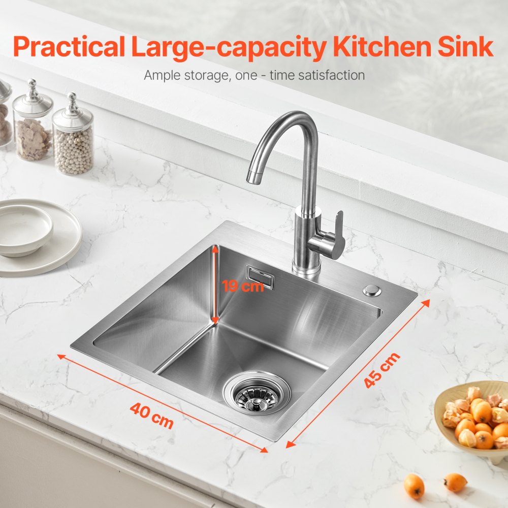 VEVOR Kitchen Sink, Built-in Sink, 40 x 45 x 19 cm, Stainless Steel, Top-Mounted Sink, Single Bowl with Accessories, Household Sink for RV, Preparation Kitchen, Bar