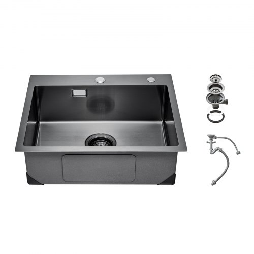 VEVOR Fregadero de Cocina con Montaje Superior de Acero Inoxidable 304, con Accesorios, Fregaderos de Lavavajillas Domésticos para RV, Cocina de Preparación y Barra, Negro, 550 x 450 x 190 mm