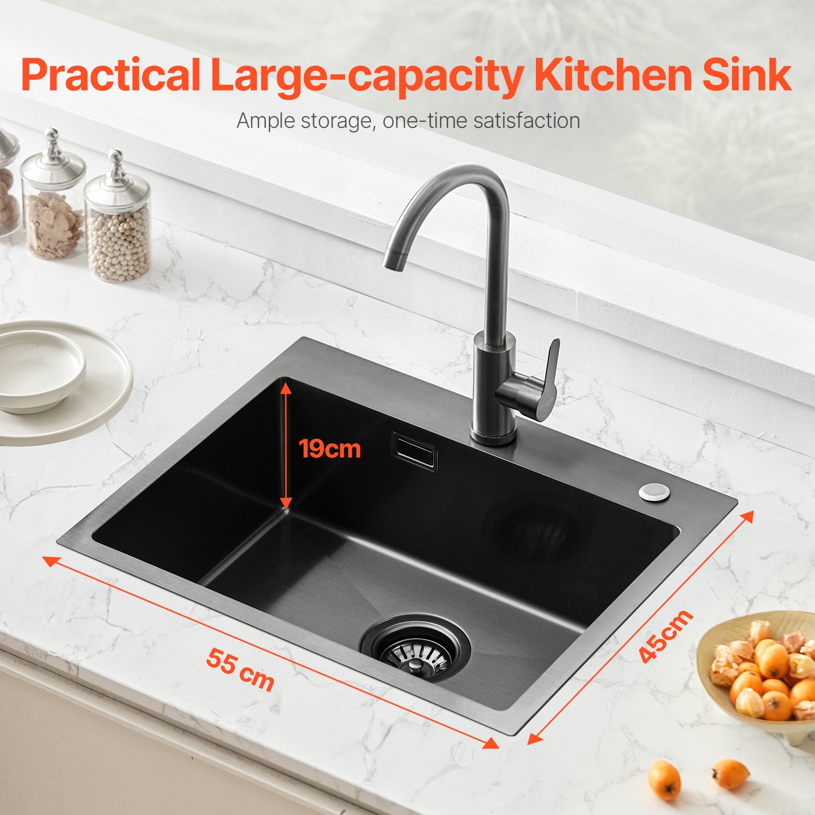 VEVOR Fregadero de Cocina con Montaje Superior de Acero Inoxidable 304, con Accesorios, Fregaderos de Lavavajillas Domésticos para RV, Cocina de Preparación y Barra, Negro, 550 x 450 x 190 mm