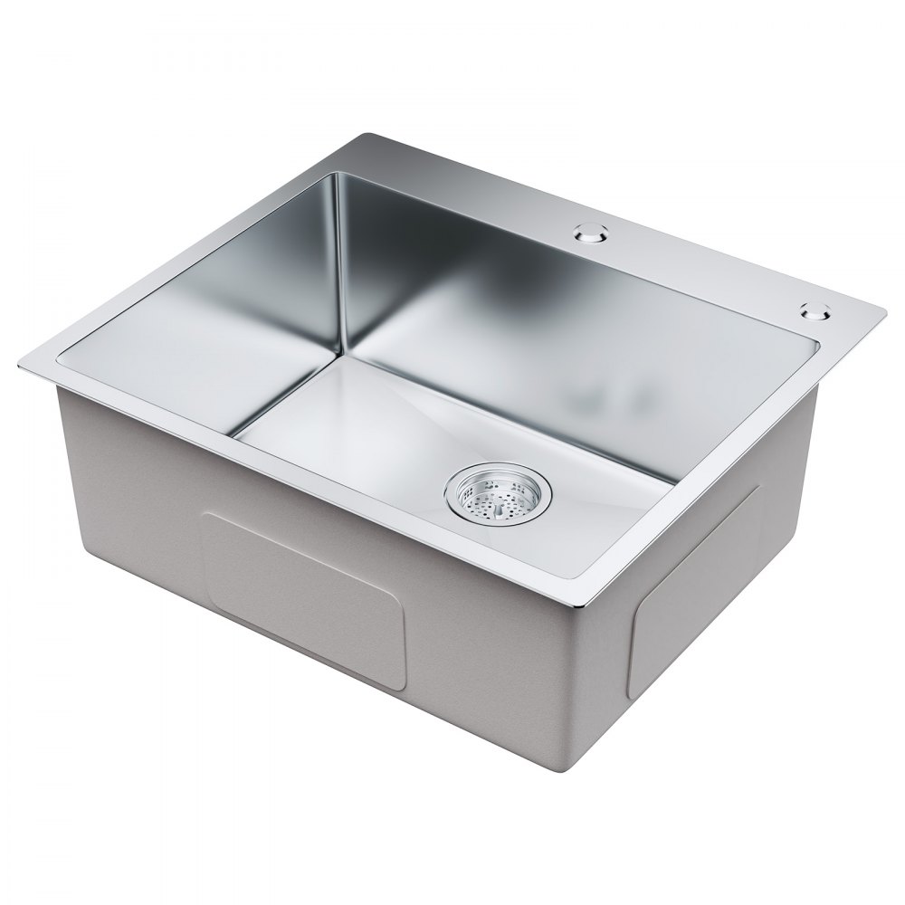VEVOR Fregadero de cocina de 1 seno 63,5 x 55,8 x 23 cm Fregadero bajo encimera de acero inoxidable 304 Fregadero de montaje superior con kit de drenaje de filtro para bar, lavandería, restaurante