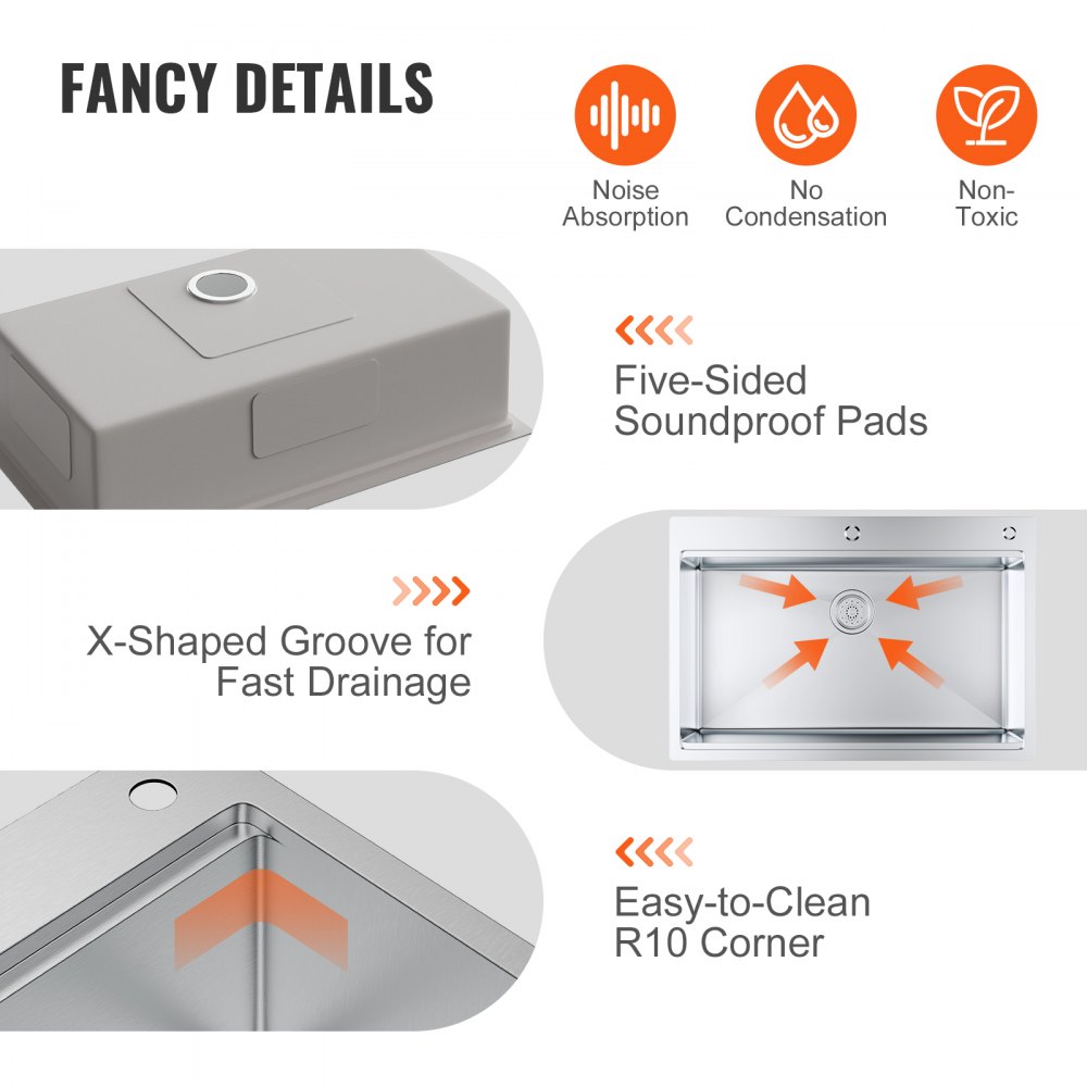 VEVOR Fregadero de Cocina 83.8x55.9x23 cm, Fregaderos Bajo Encimera de Acero Inoxidable 304, Montaje Superior de un Seno con Borde Accesorios para Estación de Trabajo, RV, Cocina Preparatoria, Bar