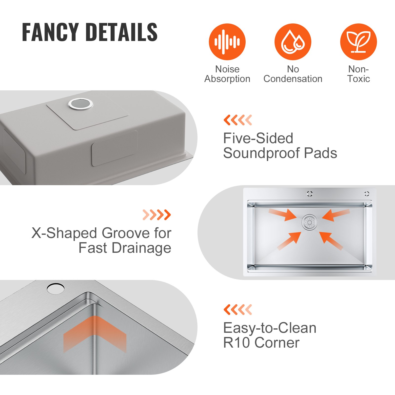 VEVOR Fregadero de Cocina 83.8x55.9x23 cm, Fregaderos Bajo Encimera de Acero Inoxidable 304, Montaje Superior de un Seno con Borde Accesorios para Estación de Trabajo, RV, Cocina Preparatoria, Bar