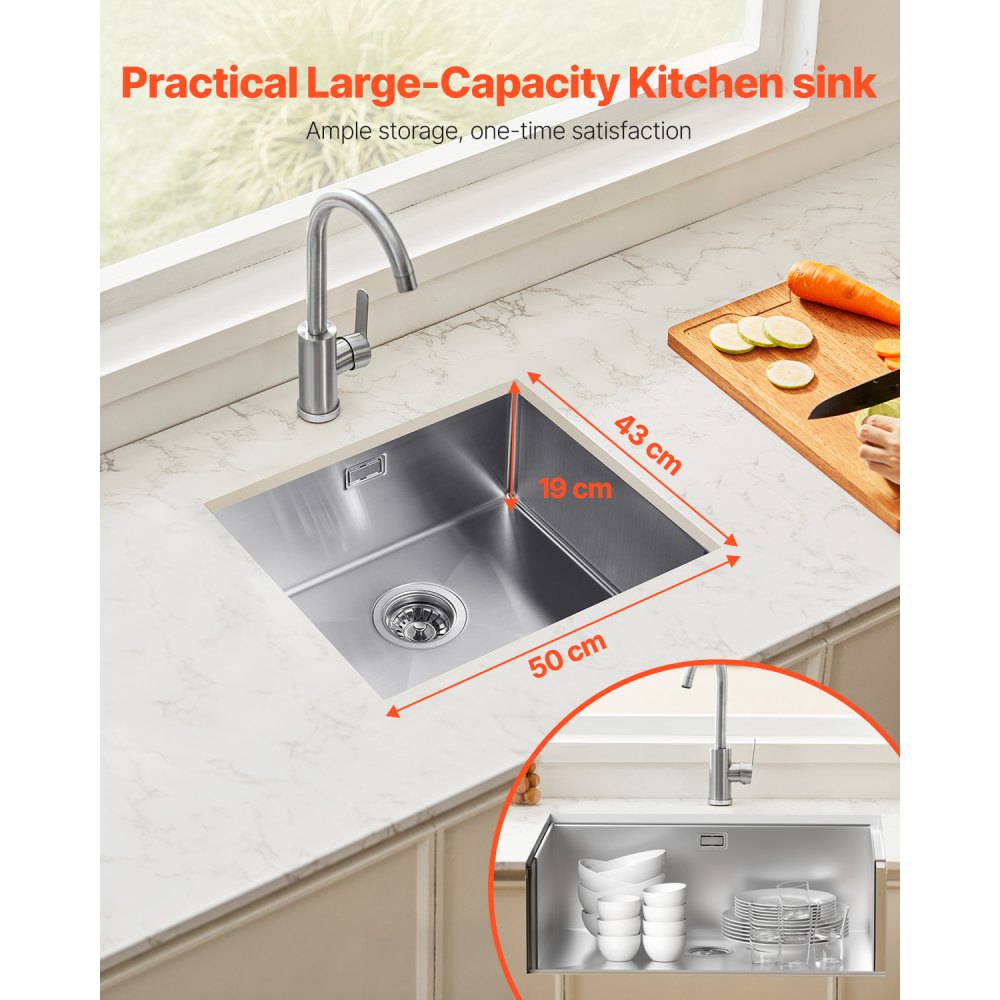 VEVOR Kitchen Sink, Built-in Sink, 50 x 43 x 19 cm, Stainless Steel, Single Bowl Sink with Accessories, Household Sink for Motorhome, Preparation Kitchen, Bar