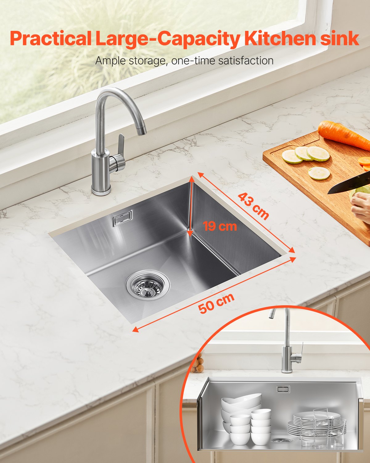 VEVOR Fregadero de Cocina bajo Encimera Acero Inoxidable 304, Lavabo de Granja de Un Solo Tazón con Accesorios, Fregaderos de Lavavajillas Fomésticos para RV, Cocina de Preparación, 500 x 430 x 190 mm
