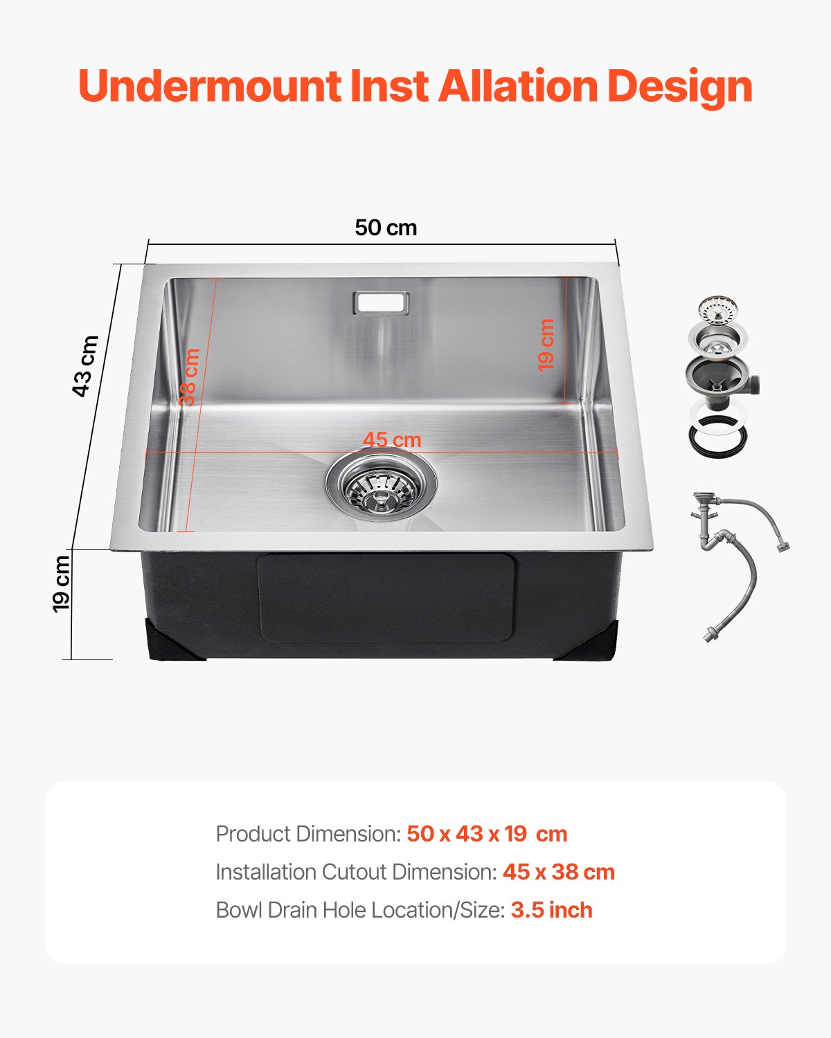 VEVOR Fregadero de Cocina bajo Encimera Acero Inoxidable 304, Lavabo de Granja de Un Solo Tazón con Accesorios, Fregaderos de Lavavajillas Fomésticos para RV, Cocina de Preparación, 500 x 430 x 190 mm