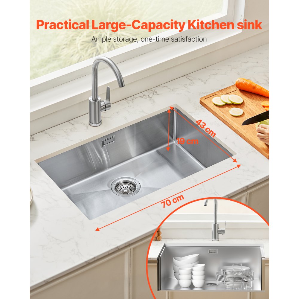 VEVOR Fregadero de Cocina bajo Encimera Acero Inoxidable 304, Lavabo de Granja de Un Solo Tazón con Accesorios, Fregaderos de Lavavajillas Domésticos para RV, Cocina de Preparación, 700 x 430 x 190 mm