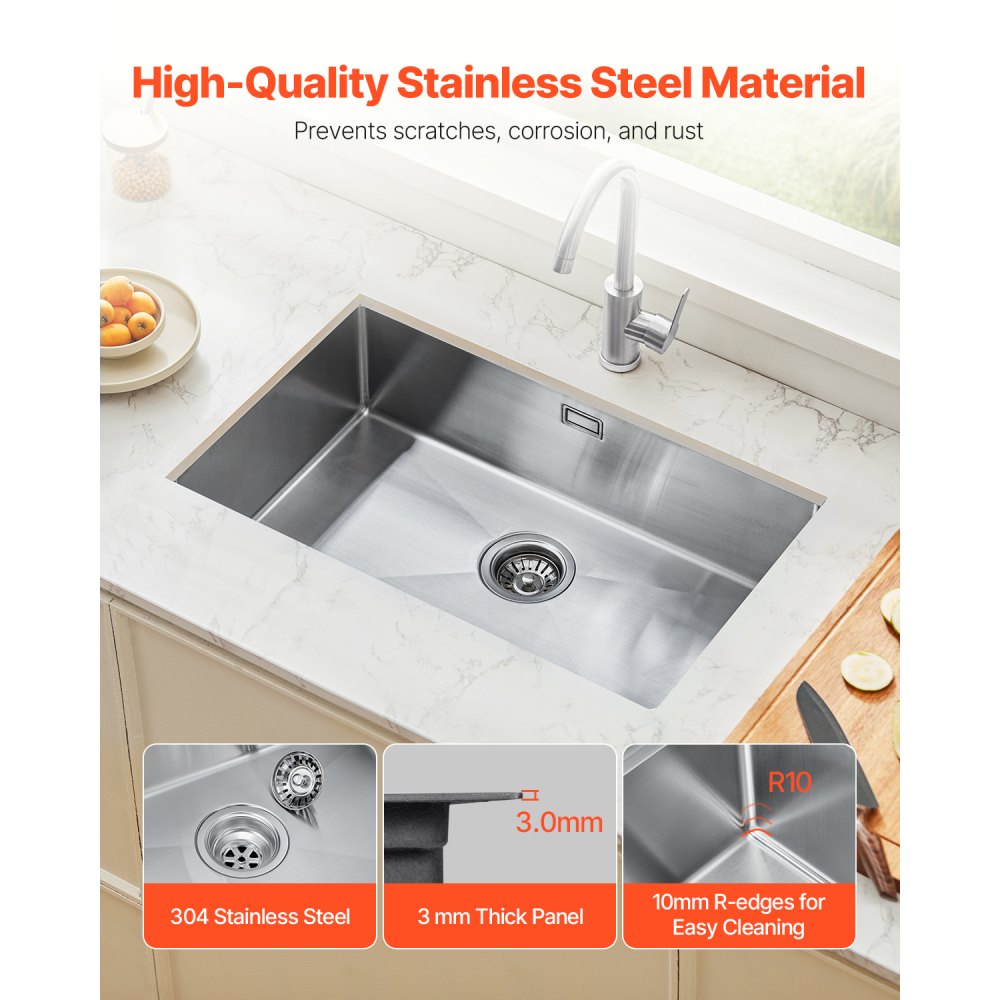 VEVOR Fregadero de Cocina bajo Encimera Acero Inoxidable 304, Lavabo de Granja de Un Solo Tazón con Accesorios, Fregaderos de Lavavajillas Domésticos para RV, Cocina de Preparación, 700 x 430 x 190 mm