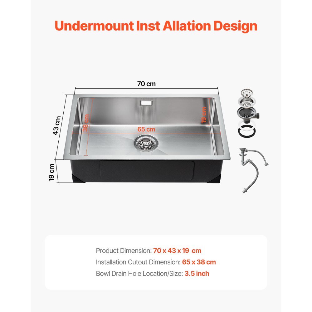 VEVOR Fregadero de Cocina bajo Encimera Acero Inoxidable 304, Lavabo de Granja de Un Solo Tazón con Accesorios, Fregaderos de Lavavajillas Domésticos para RV, Cocina de Preparación, 700 x 430 x 190 mm