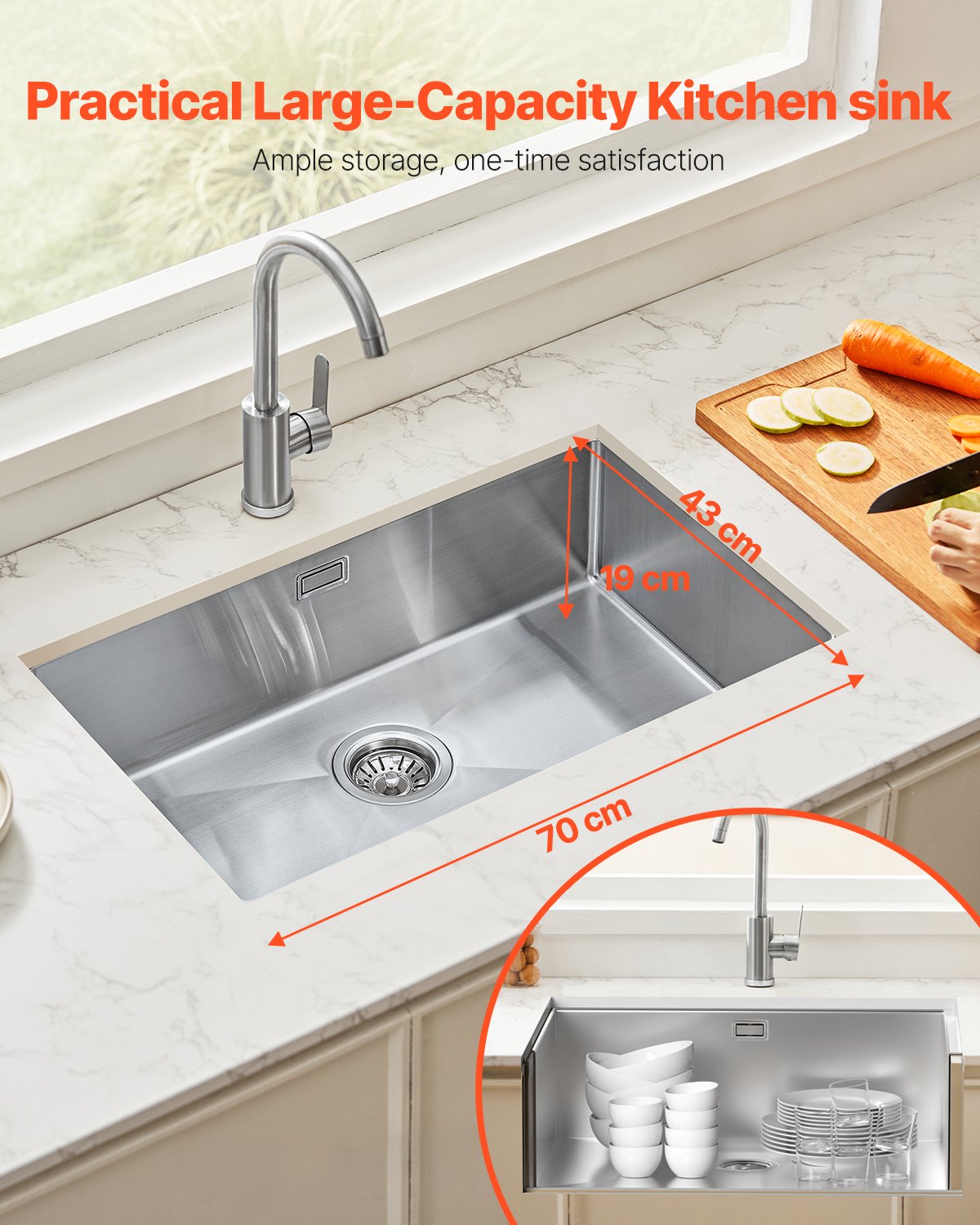 VEVOR Fregadero de Cocina bajo Encimera Acero Inoxidable 304, Lavabo de Granja de Un Solo Tazón con Accesorios, Fregaderos de Lavavajillas Domésticos para RV, Cocina de Preparación, 700 x 430 x 190 mm