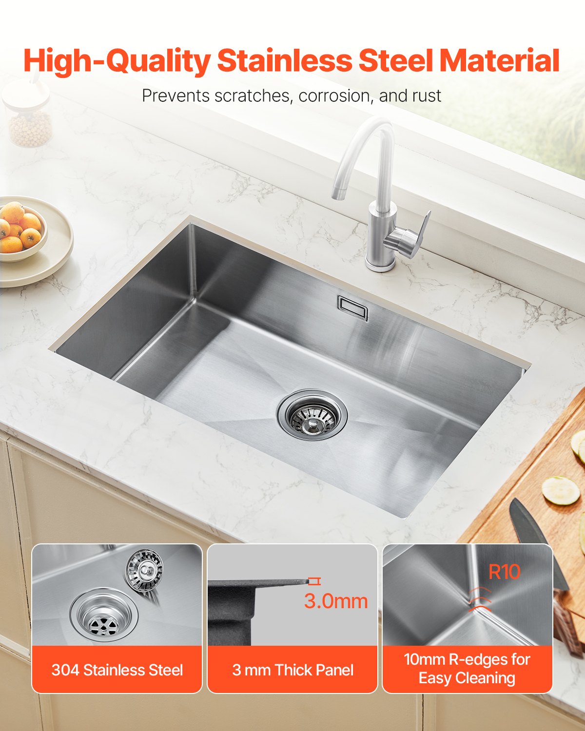 VEVOR Fregadero de Cocina bajo Encimera Acero Inoxidable 304, Lavabo de Granja de Un Solo Tazón con Accesorios, Fregaderos de Lavavajillas Domésticos para RV, Cocina de Preparación, 700 x 430 x 190 mm
