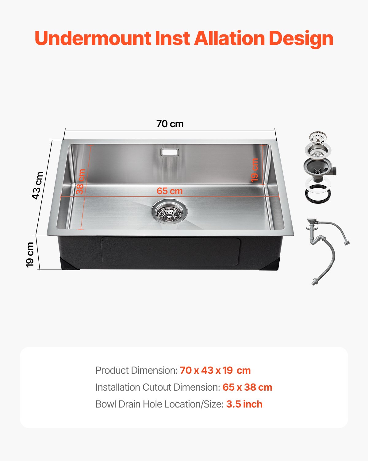 VEVOR Fregadero de Cocina bajo Encimera Acero Inoxidable 304, Lavabo de Granja de Un Solo Tazón con Accesorios, Fregaderos de Lavavajillas Domésticos para RV, Cocina de Preparación, 700 x 430 x 190 mm
