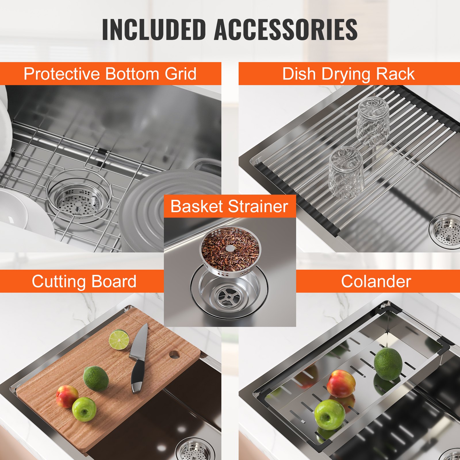 VEVOR Fregadero de Cocina 76,2x48,3x23 cm, Fregadero Bajo Encimera de Acero Inoxidable Fregadero Bajo Encimera con Accesorios para Borde, Fregadero para Lavavajillas Doméstico para Estación de Trabajo