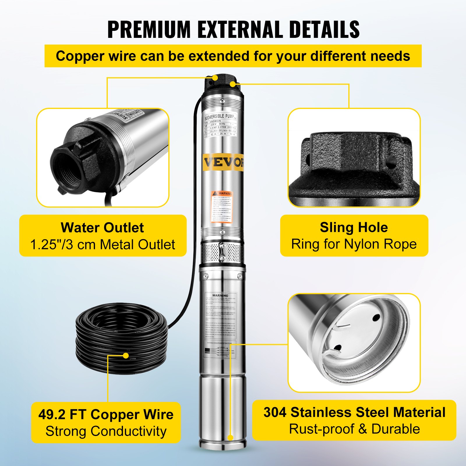 VEVOR Bomba Sumergible 164ft (50m) Bomba de Pozo Bomba de Piscina 25.5GPM para Uso Industrial y Doméstico Bomba de Agua Eléctrica Bomba Centrífuga Máxima Inmersión 42 m Tornillo de Bomba Sumergible