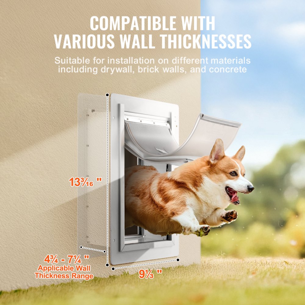 VEVOR Puerta para Mascotas con Sistema de Cerradura y 3 Solapas, Marco de Metal de 236 x 335 mm, Puerta para Mascotas para Instalar en Paredes, Puerta de Mascotas para Perritos y Gatitos, Blanca, S
