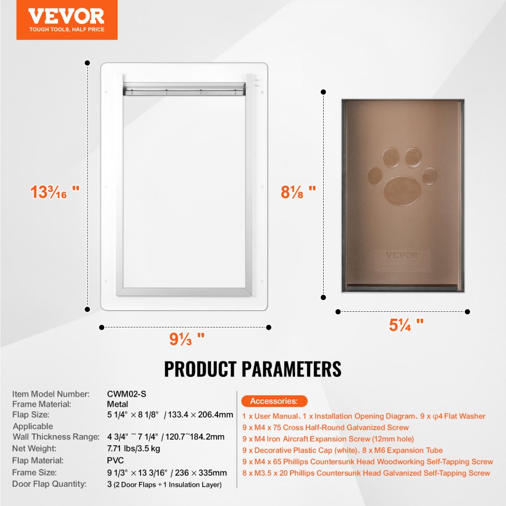VEVOR Puerta para Mascotas con Sistema de Cerradura y 3 Solapas, Marco de Metal de 236 x 335 mm, Puerta para Mascotas para Instalar en Paredes, Puerta de Mascotas para Perritos y Gatitos, Blanca, S