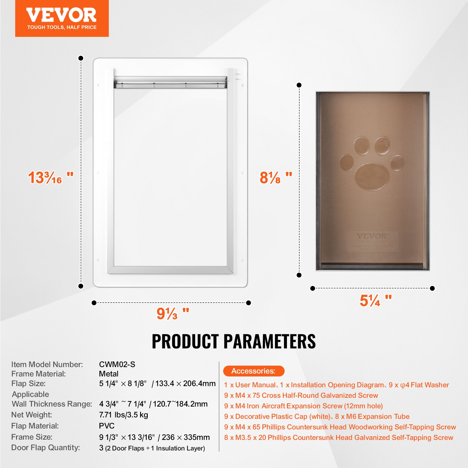 VEVOR Puerta para Mascotas con Sistema de Cerradura y 3 Solapas, Marco de Metal de 236 x 335 mm, Puerta para Mascotas para Instalar en Paredes, Puerta de Mascotas para Perritos y Gatitos, Blanca, S