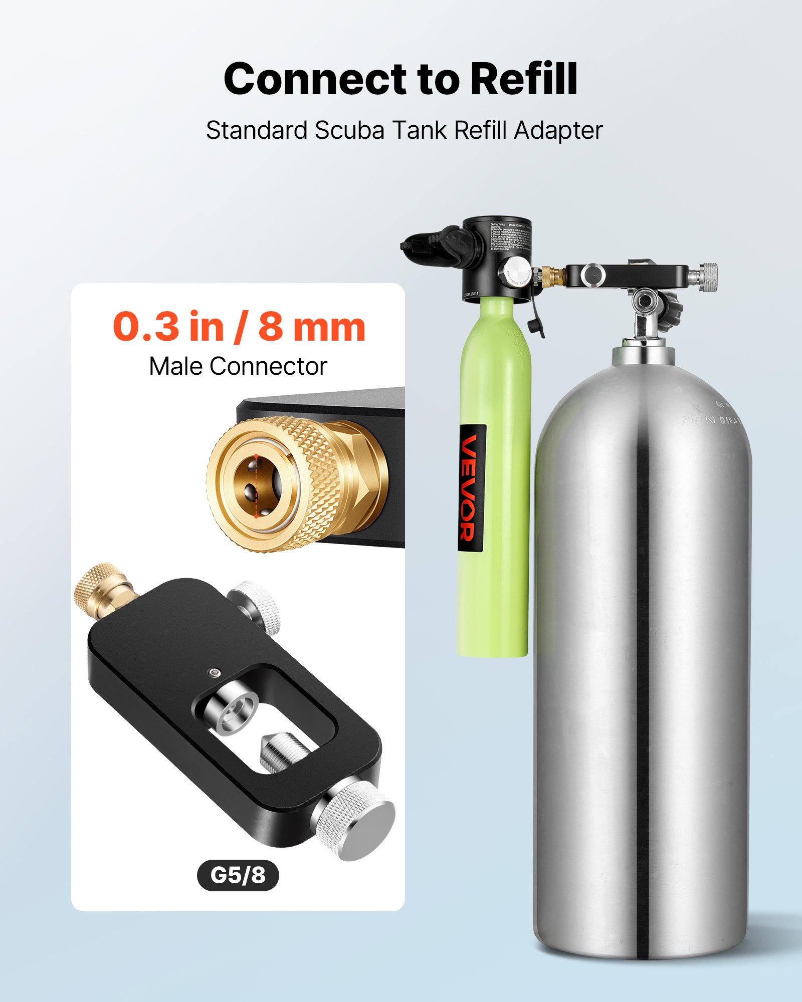 VEVOR Adaptador de Tanque de Recarga de Buceo, Interfaz 8 mm, Accesorio de Equipo de Buceo, para Cilindro de Oxígeno, Material Aluminio, Compatible con Estación de Llenado de Tanque de Alta Presión