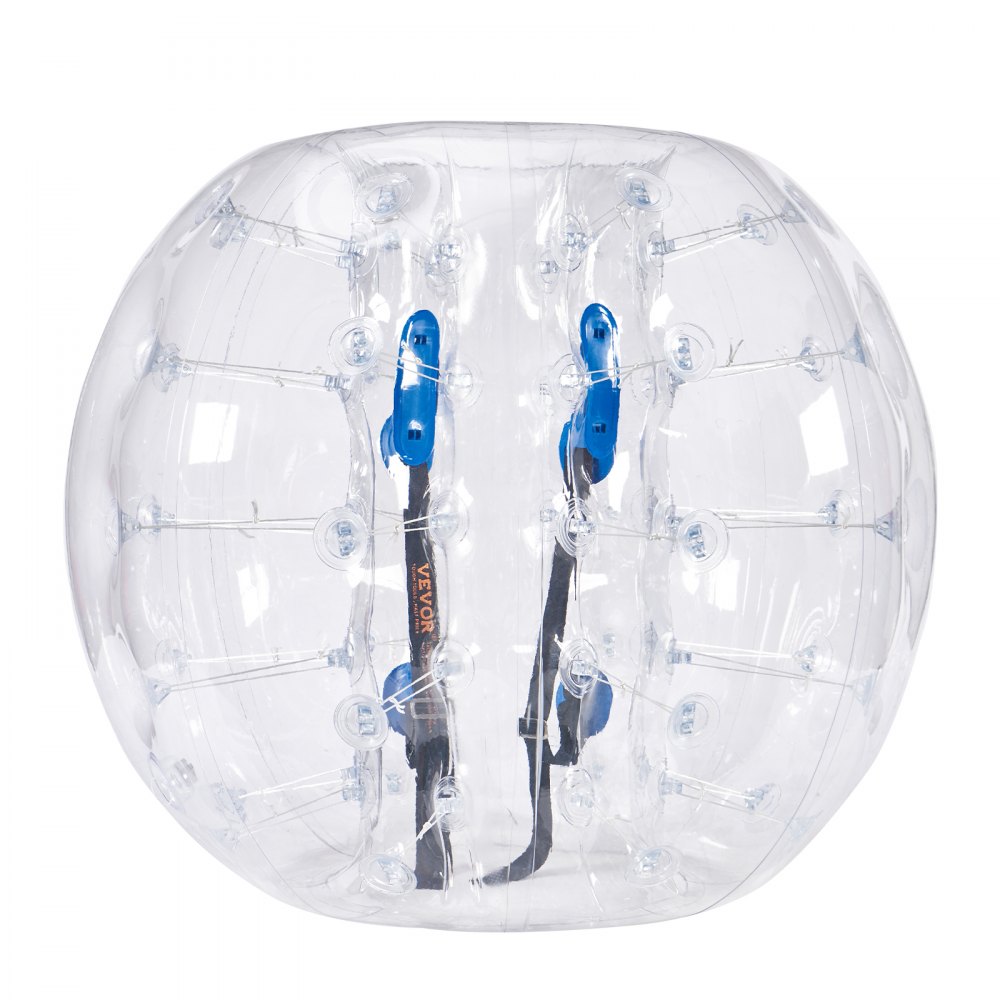 Pelota de choque inflable VEVOR transparente con asas azules y correas negras en el interior.