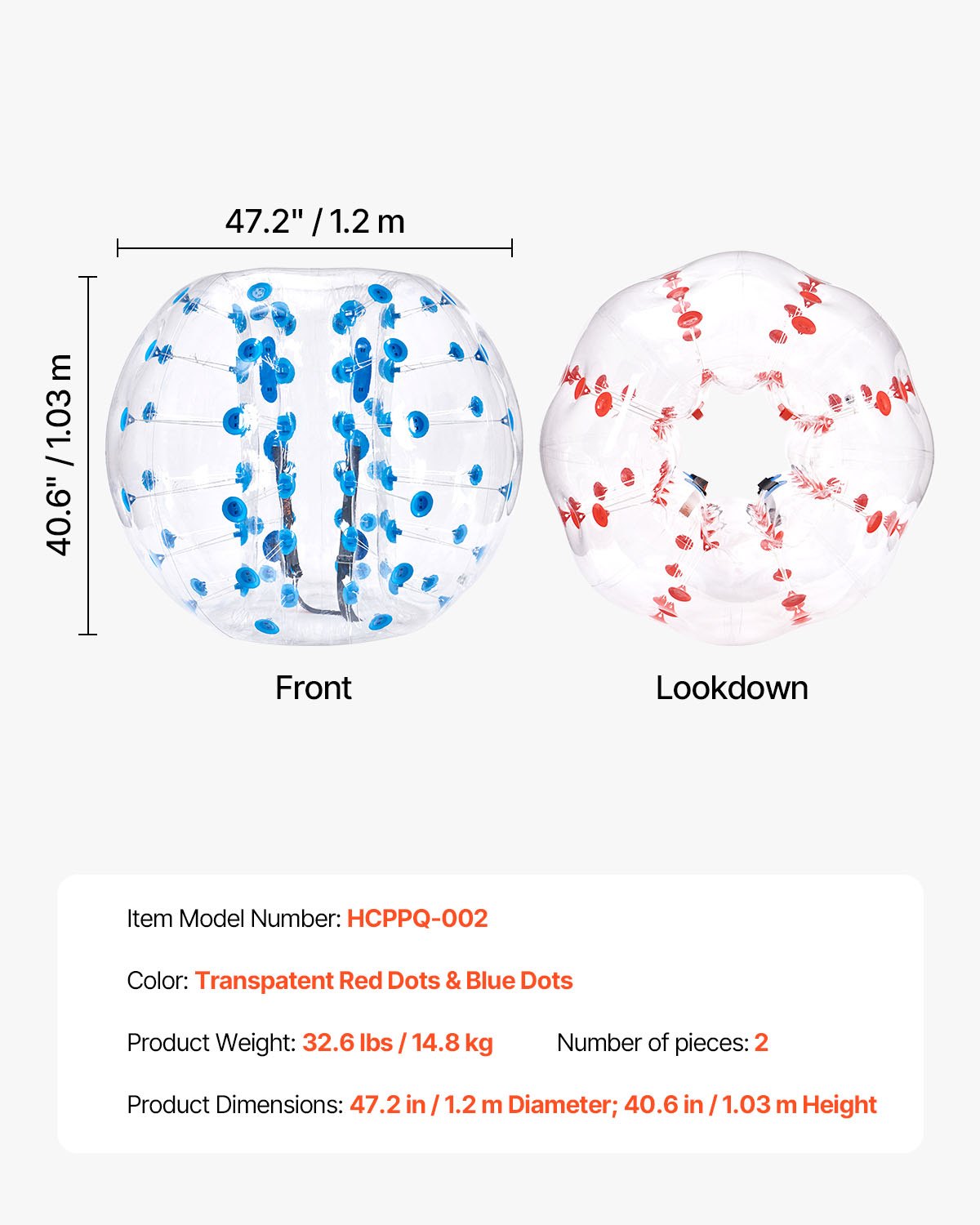 VEVOR Inflatable Bump Ball, Bumper Ball, 2-Pack, 1.2mx 1.03m, Human Collision Ball, PVC Body Bubble Bounce Ball for Outdoor Activities, Red + Blue Dots Inflatable Bumper Ball