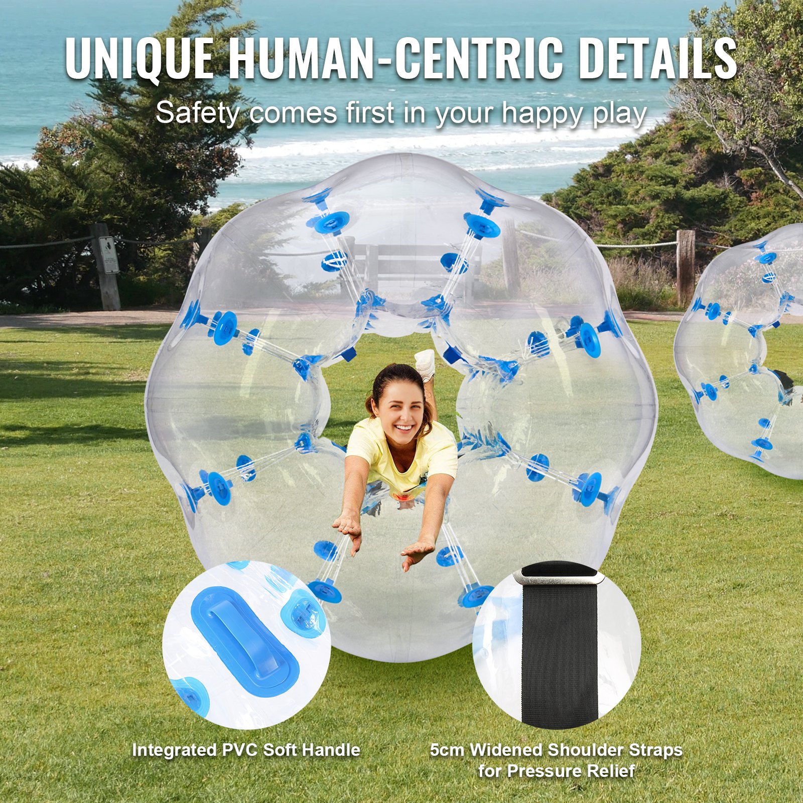 VEVOR Bola de choque inflable de parachoques 1 pieza 1,2 m x 1,03 m Bola de colisión humana Bola de rebote de burbujas de cuerpo de PVC Transparente + Bola de parachoques inflable de puntos azules