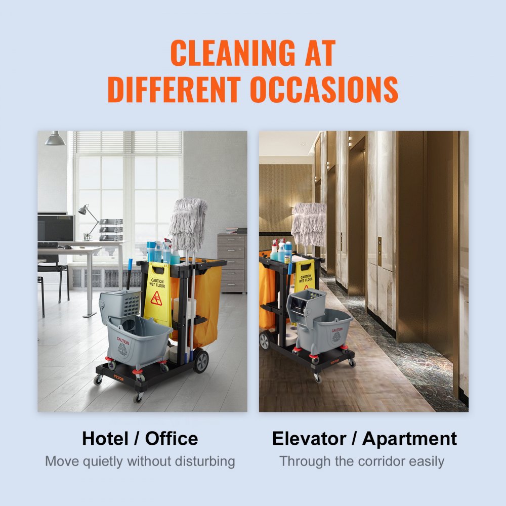 VEVOR Cleaning Trolley with 3 Compartments, Hygiene Trolley, Cleaning Trolley, 90.7 kg Load Capacity, Black PP Mop Trolley, System Trolley incl. PVC Waste Bag & Gloves, Suitable for Offices, Malls, Hotels