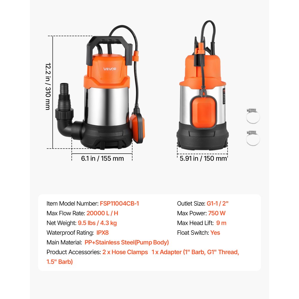VEVOR Bomba Sumergible de Agua 750 W 20.000 L/h con Interruptor de Flotador, Sistema Portátil de Extracción de Agua, Elevación de 9 m, Material Termoplástico, para Vaciar Piscinas, Estanques de Jardín