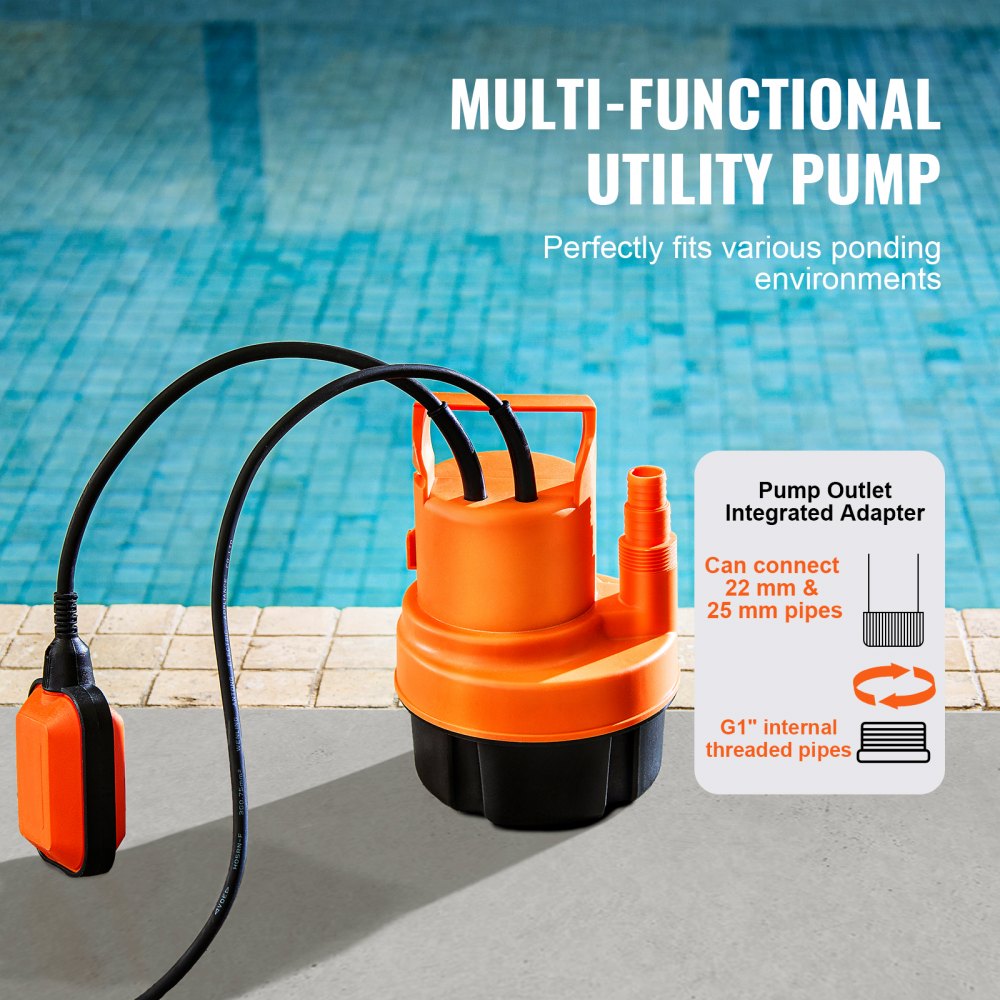 VEVOR Water Pump, 320 W, 6000 L/h high flow rate, 7 m delivery head, submersible pump, portable multi-purpose pump with 3 m long power cable for pumping water from swimming pools, garden ponds, basements