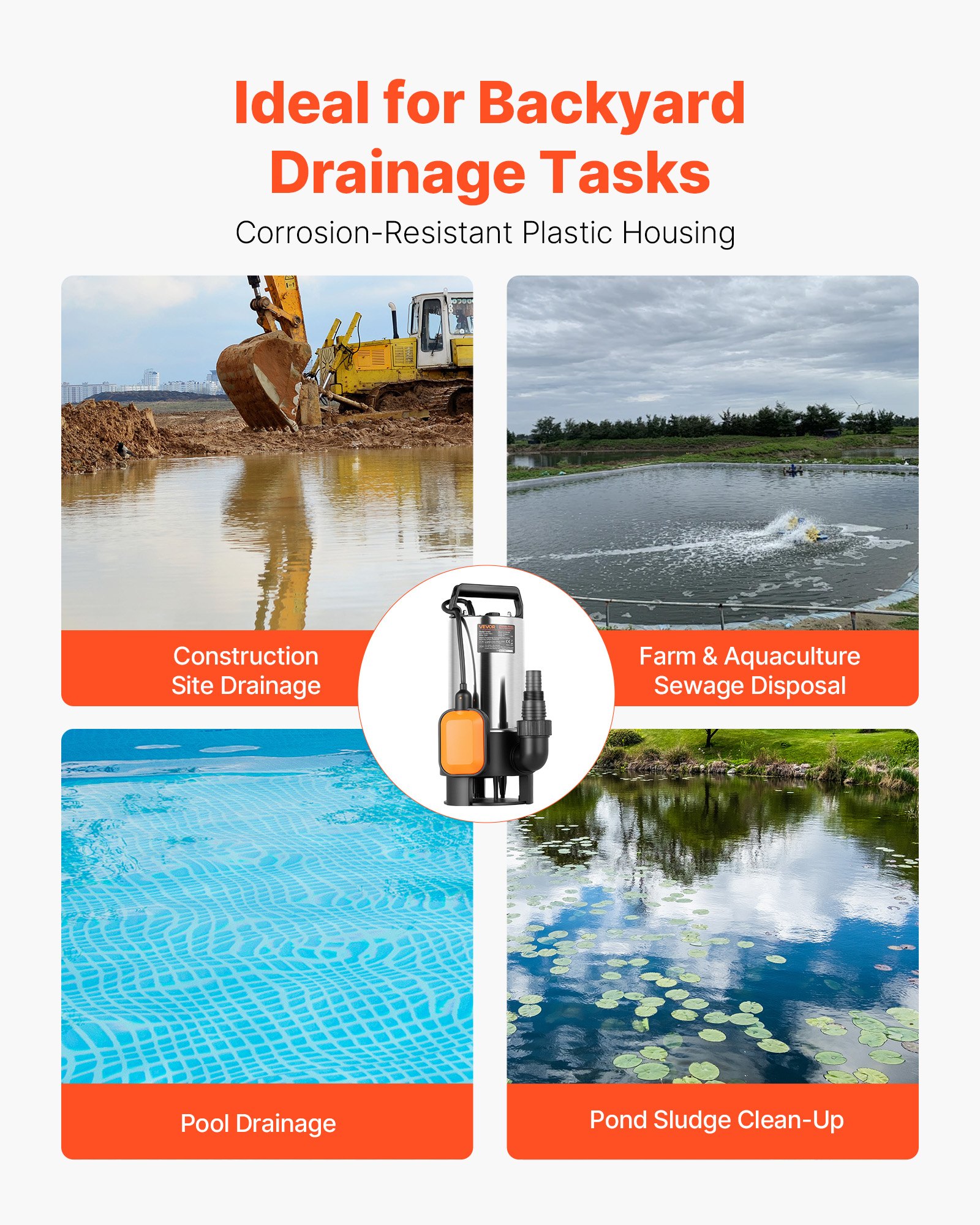 VEVOR 710W Submersible Sump Pump, 20000 L/H, Stainless Steel Submersible Sewage Dirty Clean Water Pump with Automatic Float Switch, Long Cord, 9M Max Lift, for Pools, Garden, Pond, Flooded Areas