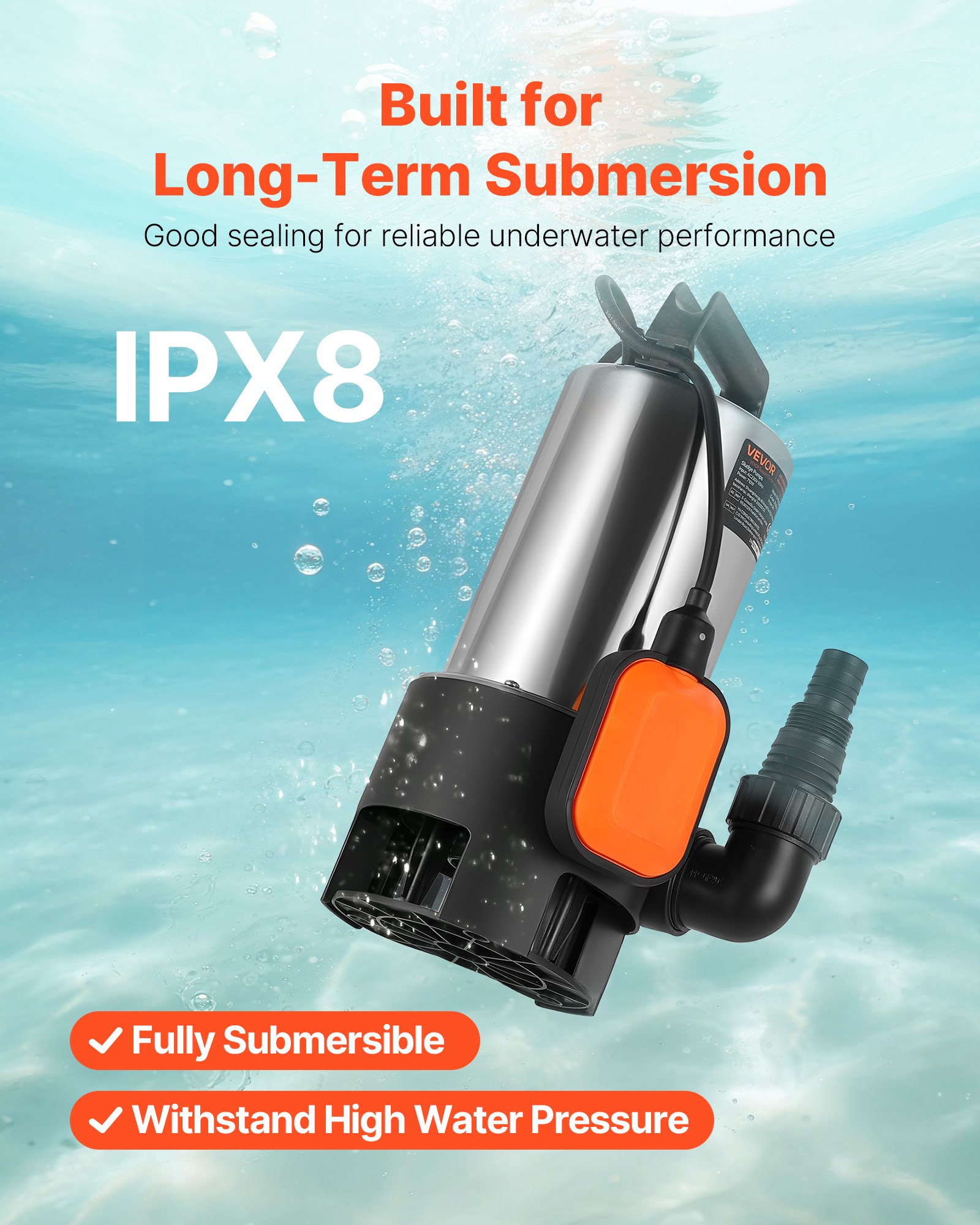 VEVOR 710W Submersible Sump Pump, 20000 L/H, Stainless Steel Submersible Sewage Dirty Clean Water Pump with Automatic Float Switch, Long Cord, 9M Max Lift, for Pools, Garden, Pond, Flooded Areas