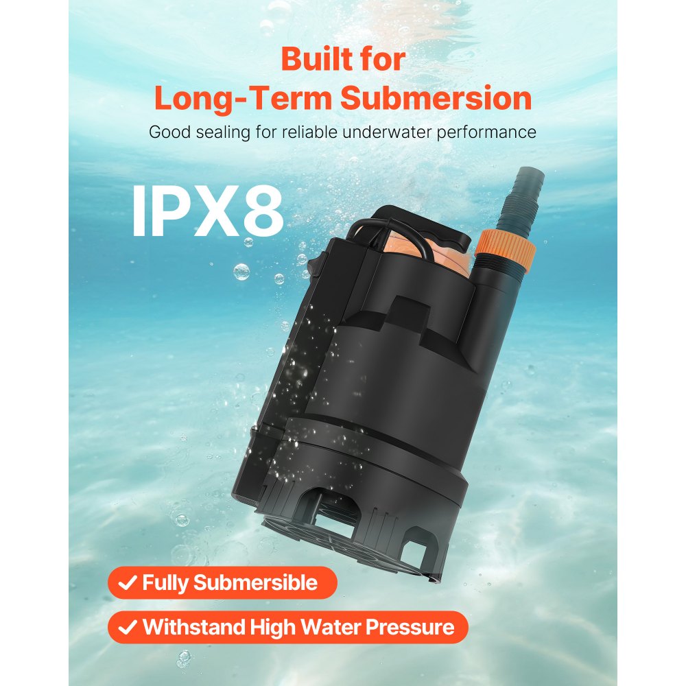 VEVOR 690W Submersible Sump Pump, 17500 L/H, PP-GF20 Submersible Sewage Dirty Clean Water Pump with Automatic Float Switch, Long Cord, 9M Max Lift, for Pools, Garden, Pond, Flooded Areas