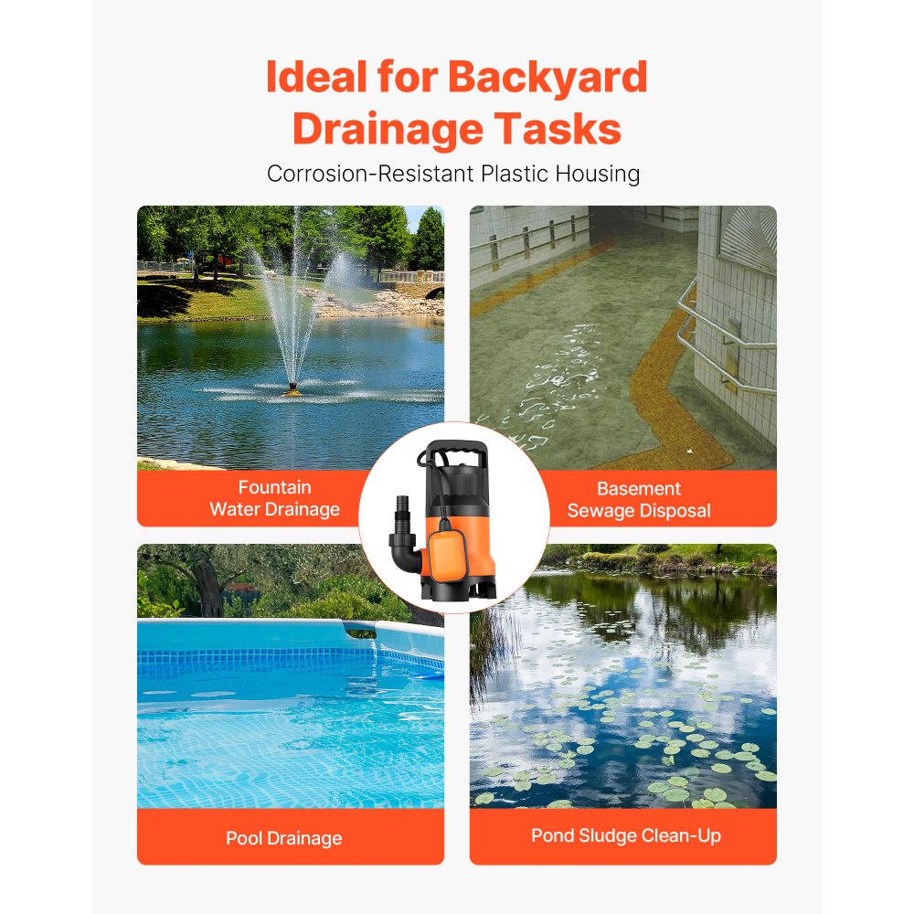 VEVOR 650 W Bomba de Sumidero Sumergible PP-GF20, 15000 L/H, con Interruptor de Flotador Automático, Cable Largo y Elevación Máxima de 8 m, para Evacuación de Aguas Residuales de Piscina, Estanque