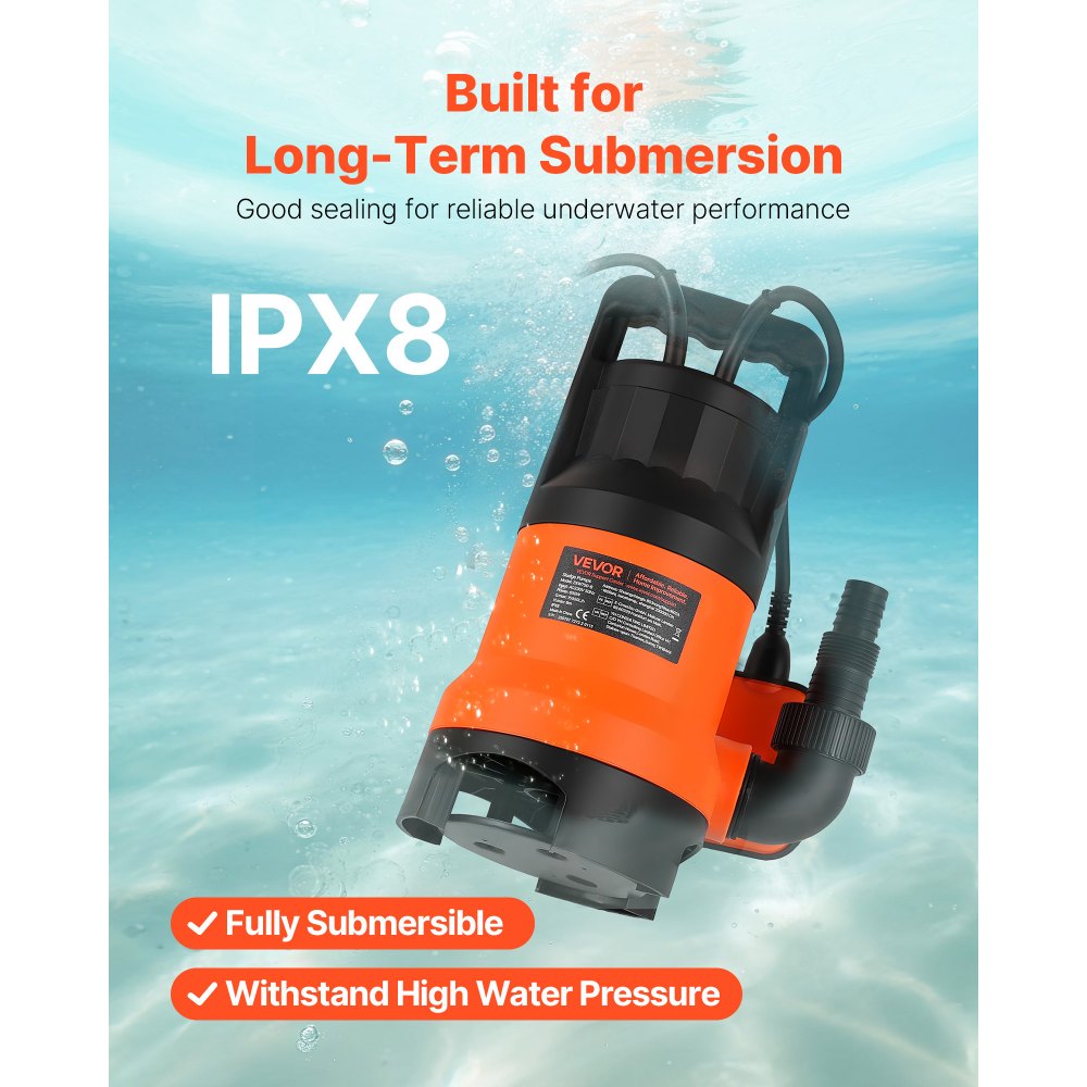 VEVOR 650 W Bomba de Sumidero Sumergible PP-GF20, 15000 L/H, con Interruptor de Flotador Automático, Cable Largo y Elevación Máxima de 8 m, para Evacuación de Aguas Residuales de Piscina, Estanque