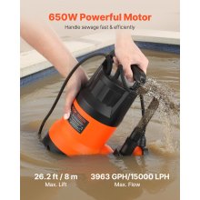 VEVOR 650 W Bomba de Sumidero Sumergible PP-GF20, 15000 L/H, con Interruptor de Flotador Automático, Cable Largo y Elevación Máxima de 8 m, para Evacuación de Aguas Residuales de Piscina, Estanque