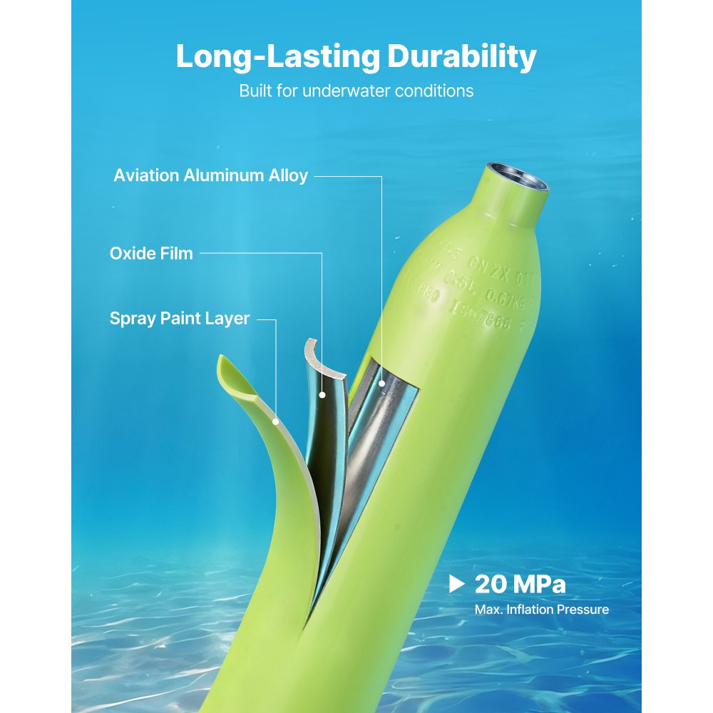 VEVOR Mini Botella de Buceo de 0,5 L, Juego de Tanque de Buceo Portátil con Máscara de Snorkel y Bomba Manual, Tiempo de Inmersión de 5 a 10 Minutos, Bombona de Oxígeno Recargable, para Bucear Rescate