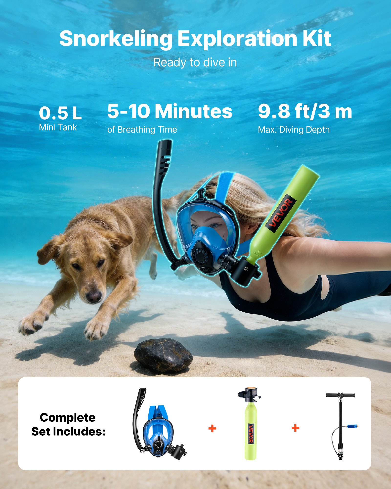 VEVOR Mini Botella de Buceo de 0,5 L, Juego de Tanque de Buceo Portátil con Máscara de Snorkel y Bomba Manual, Tiempo de Inmersión de 5 a 10 Minutos, Bombona de Oxígeno Recargable, para Bucear Rescate