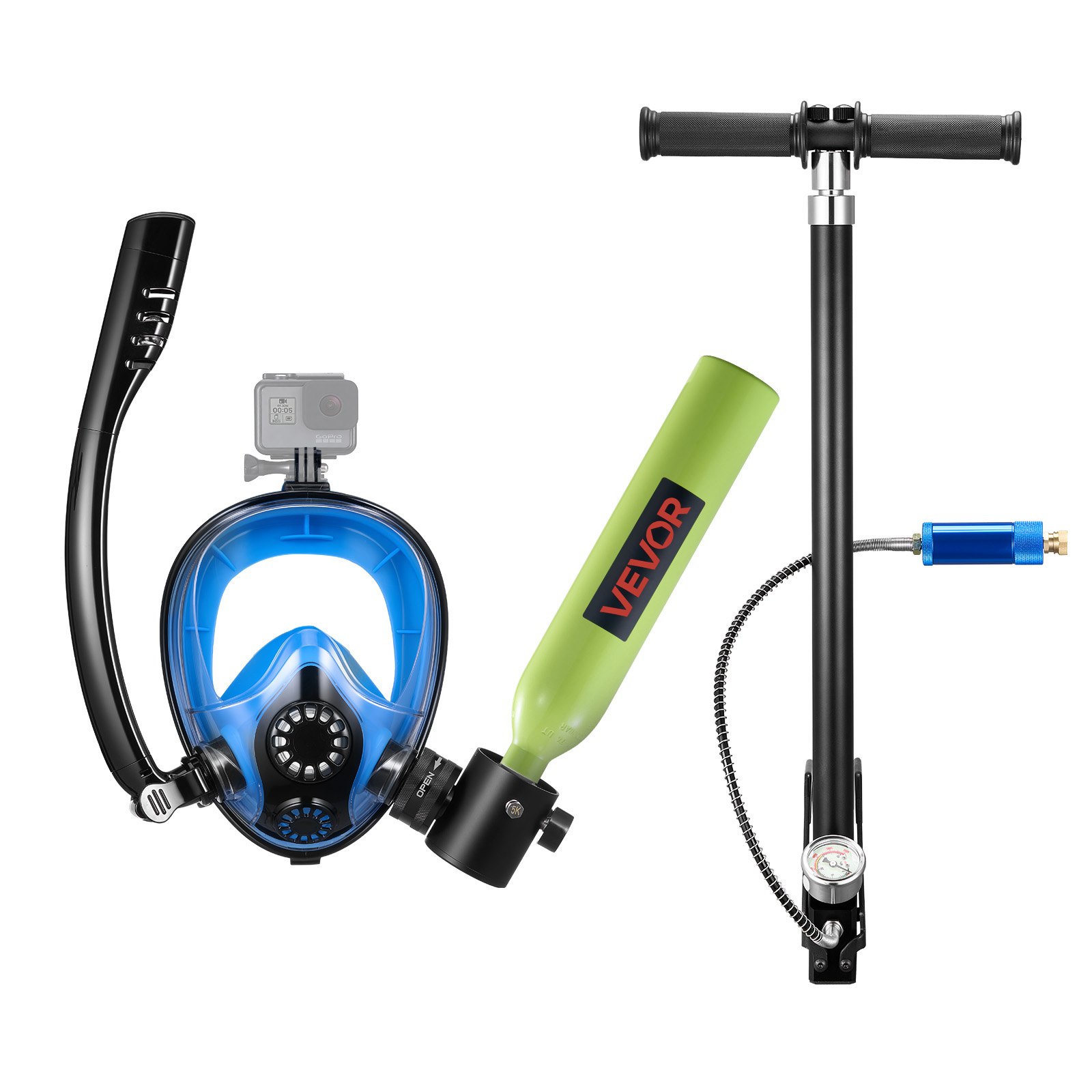 VEVOR Mini Botella de Buceo de 0,5 L, Juego de Tanque de Buceo Portátil con Máscara de Snorkel y Bomba Manual, Tiempo de Inmersión de 5 a 10 Minutos, Bombona de Oxígeno Recargable, para Bucear Rescate
