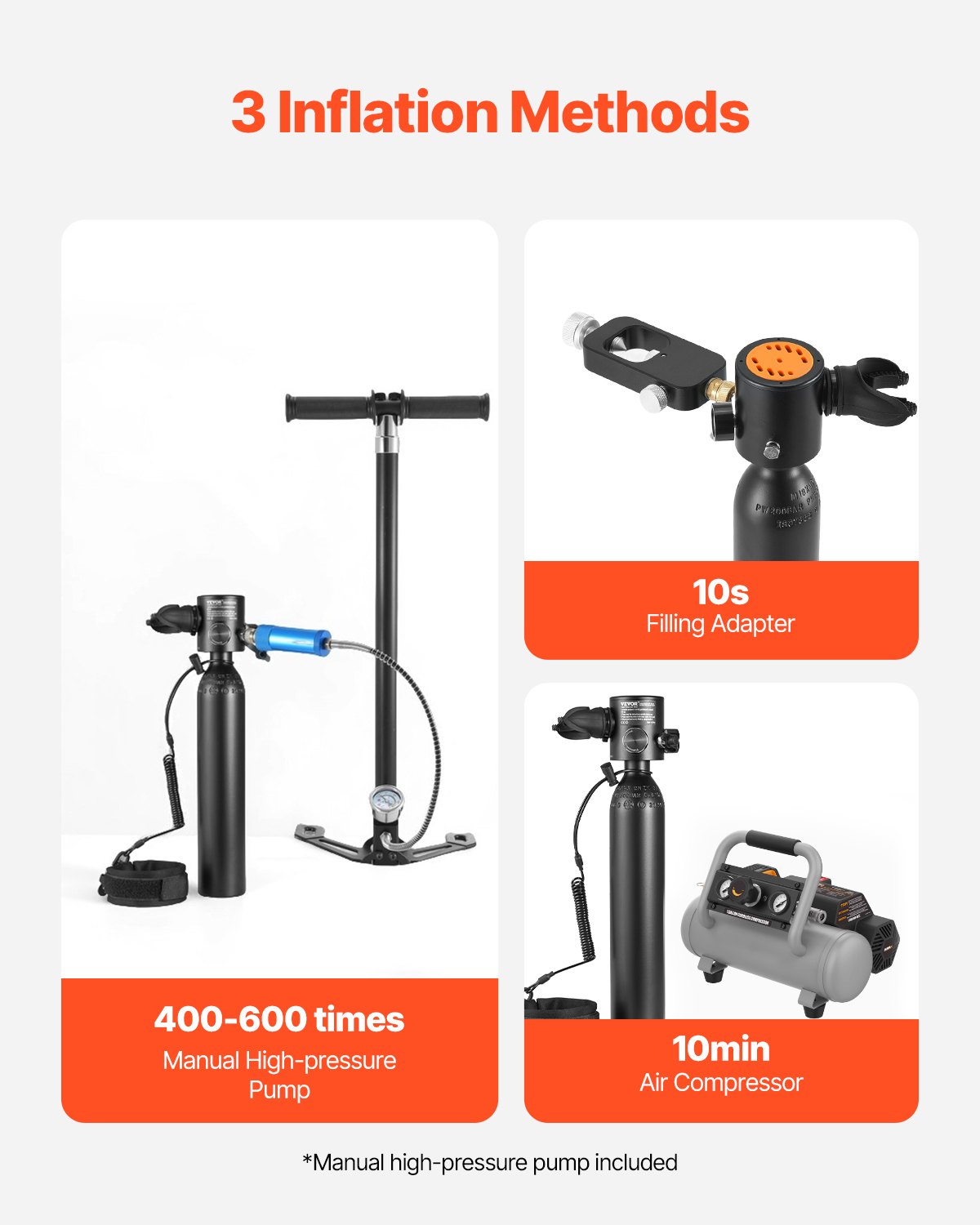 VEVOR Tanque de Buceo Portátil 0,5 L, Cilindro de Oxígeno que Permite Respirar Bajo el Agua 5 a 10 Minutos, Profundidad 10 m, con Máscara de Snorkel para Exploración Subacuática, 73 x 365 mm