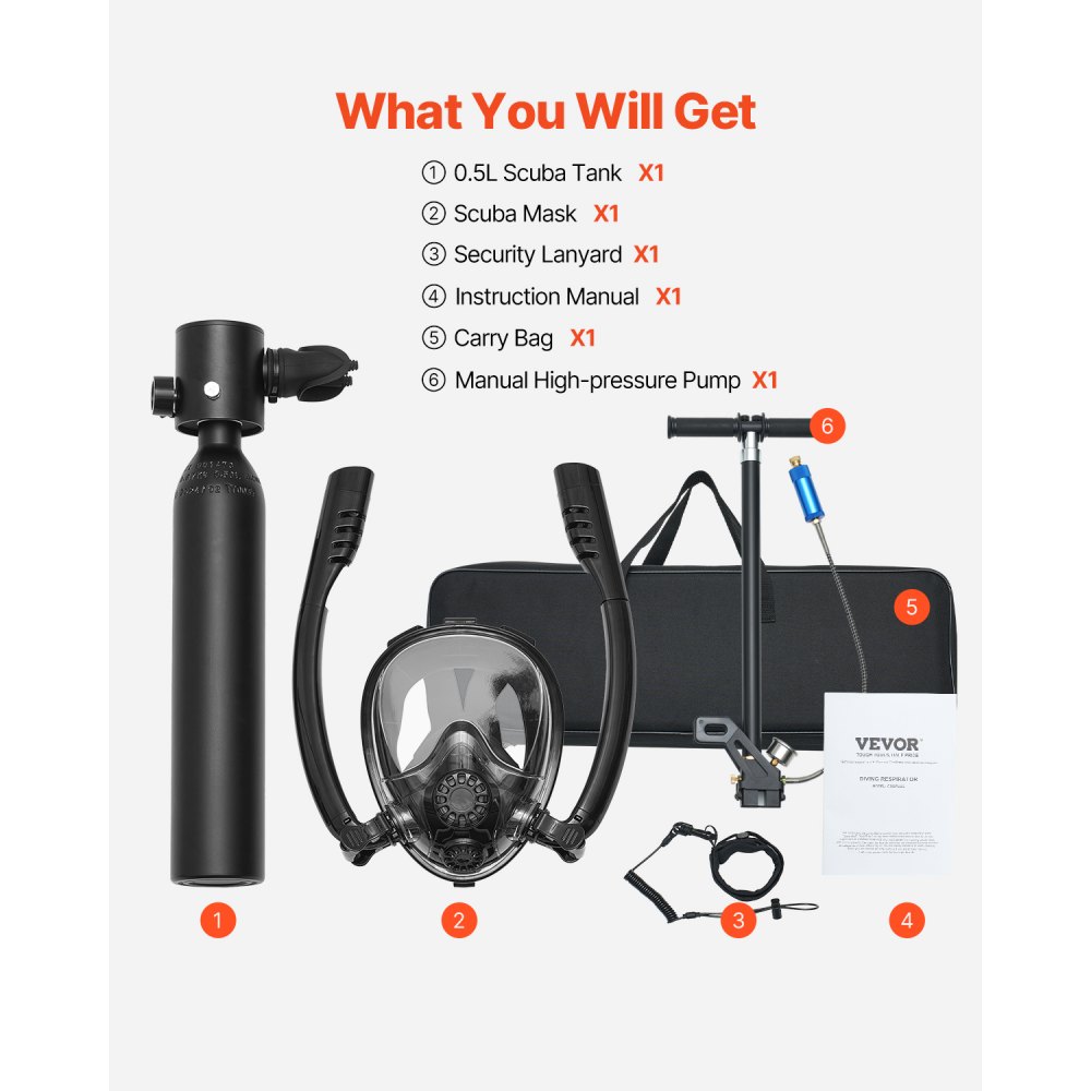 VEVOR Tanque de Buceo Portátil de 0,5 L, Permite Respirar bajo el Agua de 5 a 10 Minutos, Profundidad de Buceo 10 m, Tanque de Aire de Snorkel Recargable para Exploración Submarina, 73 x 365 mm