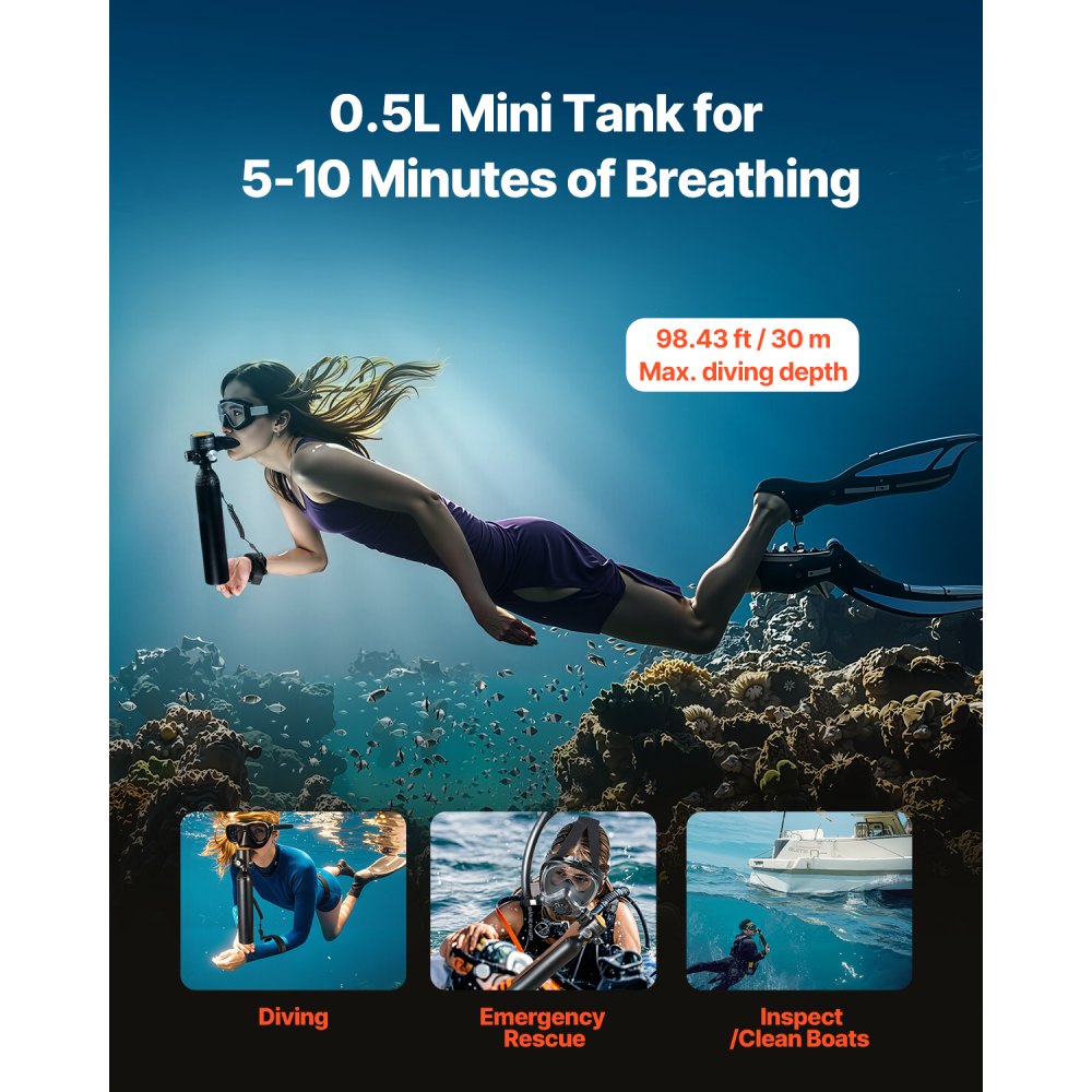 VEVOR 0.5L Diving Cylinder Portable Diving Tank, Oxygen Cylinder for Diving, Supports 5-10 Minutes of Underwater Breathing, 30m Diving Depth, Refillable Snorkel Air Tank with Pump