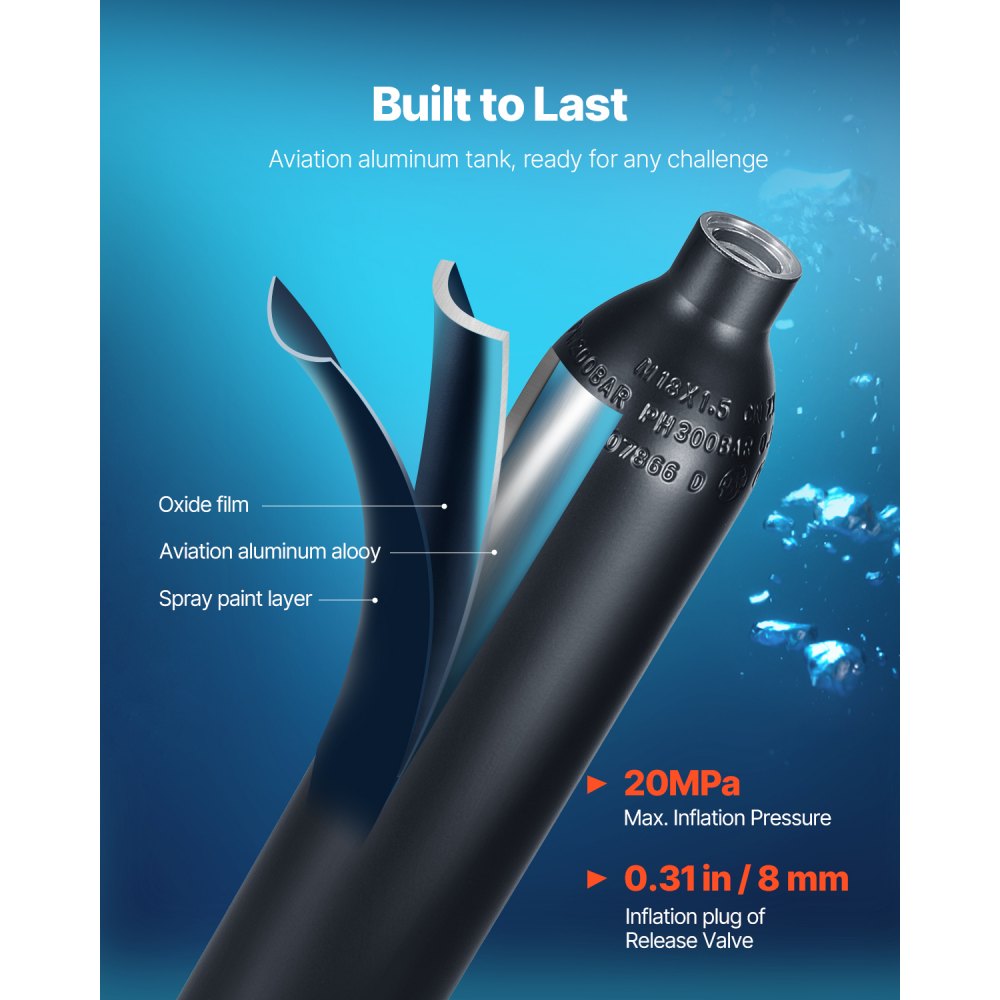 VEVOR 0.5L Diving Cylinder Portable Diving Tank, Oxygen Cylinder for Diving, Supports 5-10 Minutes of Underwater Breathing, 30m Diving Depth, Refillable Snorkel Air Tank with Pump