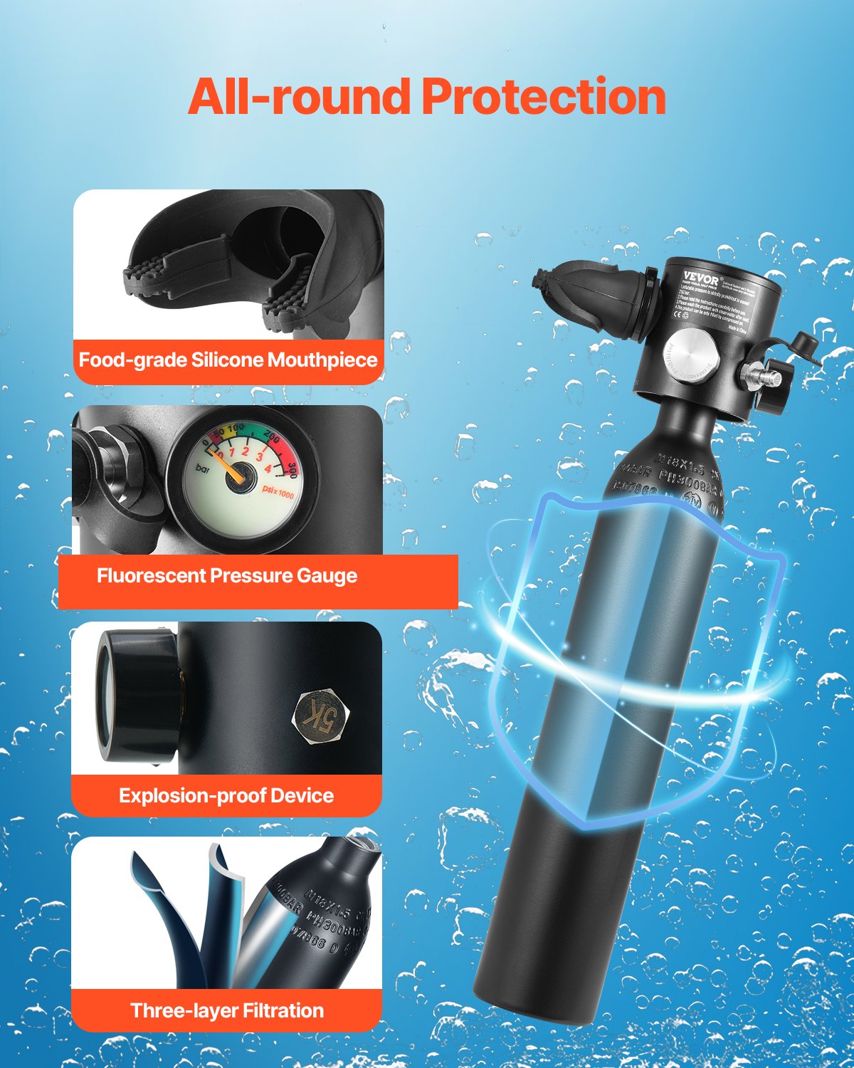 VEVOR Tanque de Buceo Portátil de Oxígeno que Permite Respirar Bajo el Agua de 5 a 10 Minutos, Profundidad de 30 m, Aluminio 6061, con Bomba para Exploración Submarina, 0,5 L, 73 x 365 mm, Negro