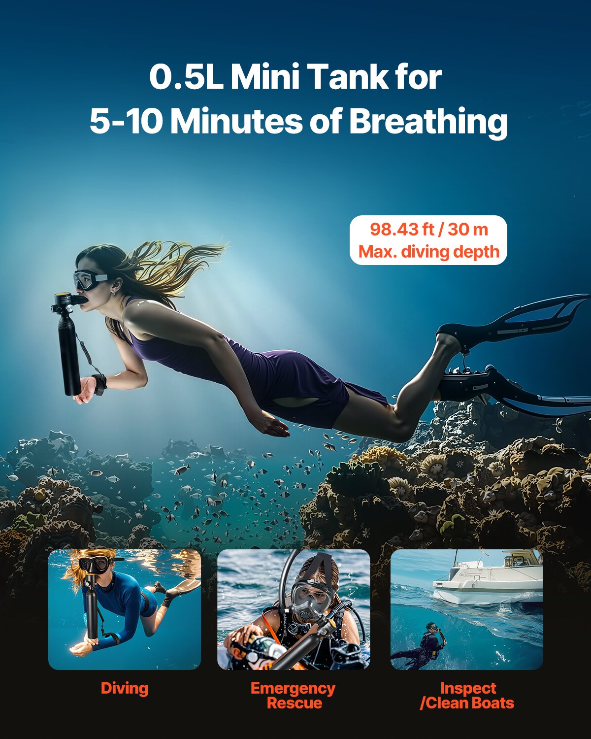 VEVOR 0.5L Diving Cylinder Portable Diving Tank, Oxygen Cylinder for Diving, Supports 5-10 Minutes of Underwater Breathing, 30m Diving Depth, Refillable Snorkel Air Tank with Pump