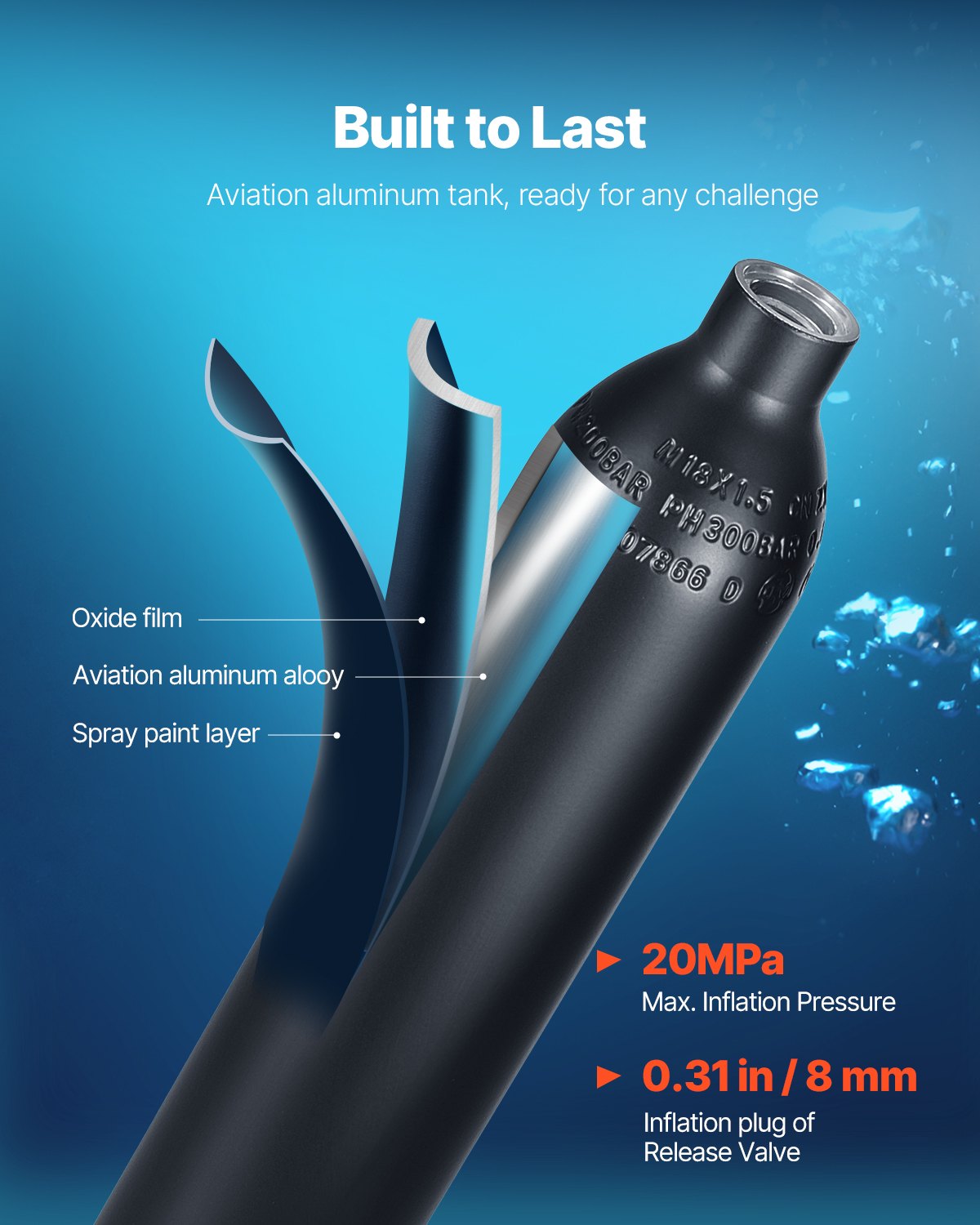 VEVOR 0.5L Diving Cylinder Portable Diving Tank, Oxygen Cylinder for Diving, Supports 5-10 Minutes of Underwater Breathing, 30m Diving Depth, Refillable Snorkel Air Tank with Pump