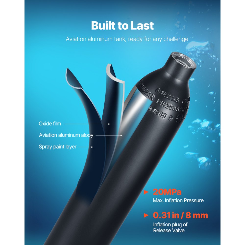 VEVOR Tanque de Buceo Portátil de 0,5 L, que Permite Respirar bajo el Agua de 5 a 10 Minutos, Profundidad de 30 m, Kit de Tanque Pulmonar para la Exploración y Rescate Submarino, 20 MPa, Negro