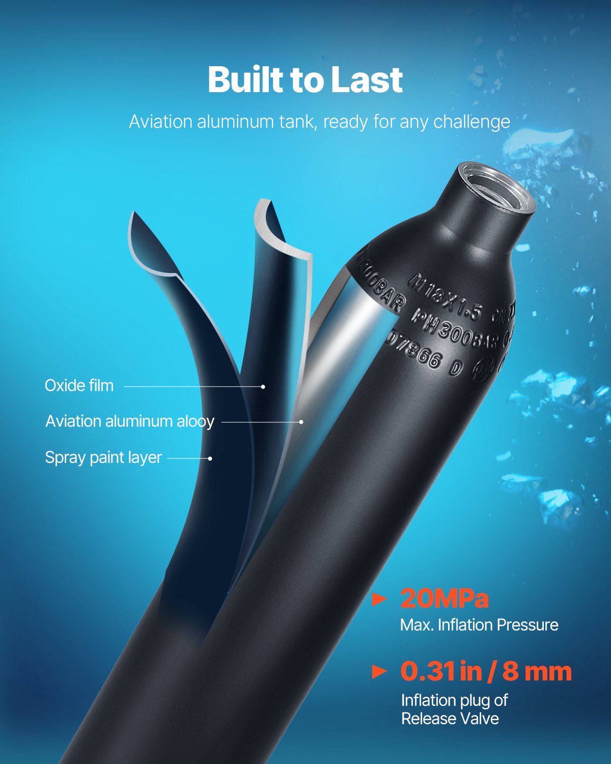 VEVOR Tanque de Buceo Portátil de 0,5 L, que Permite Respirar bajo el Agua de 5 a 10 Minutos, Profundidad de 30 m, Kit de Tanque Pulmonar para la Exploración y Rescate Submarino, 20 MPa, Negro