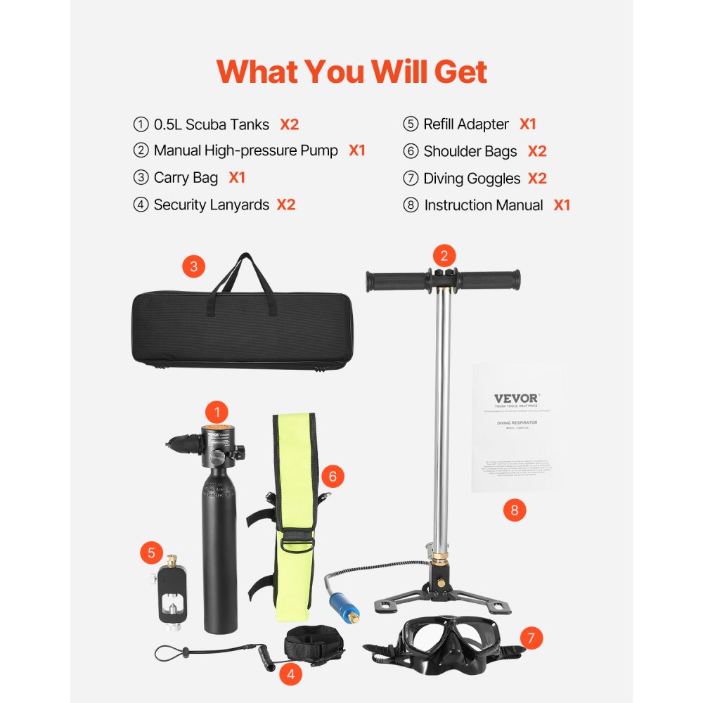 VEVOR Tanque de Buceo Portátil de 0.5 L, con Bomba para Buceo, Permite Respirar bajo el Agua de 5 a 10 Minutos, Profundidad de 30 m, Recargable, para Exploración Submarina, Aluminio 6061, Negro